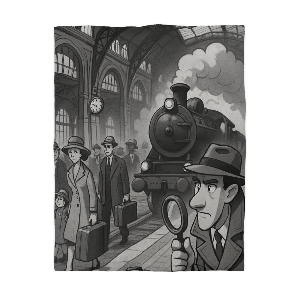 Élégante housse de couette rétro avec train à vapeur et ambiance mystérieuse noir et blanc