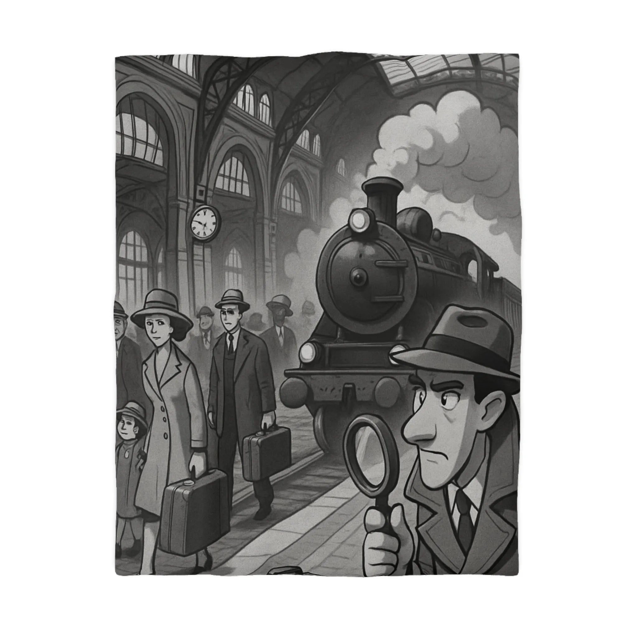 Élégante housse de couette rétro avec train à vapeur et ambiance mystérieuse noir et blanc