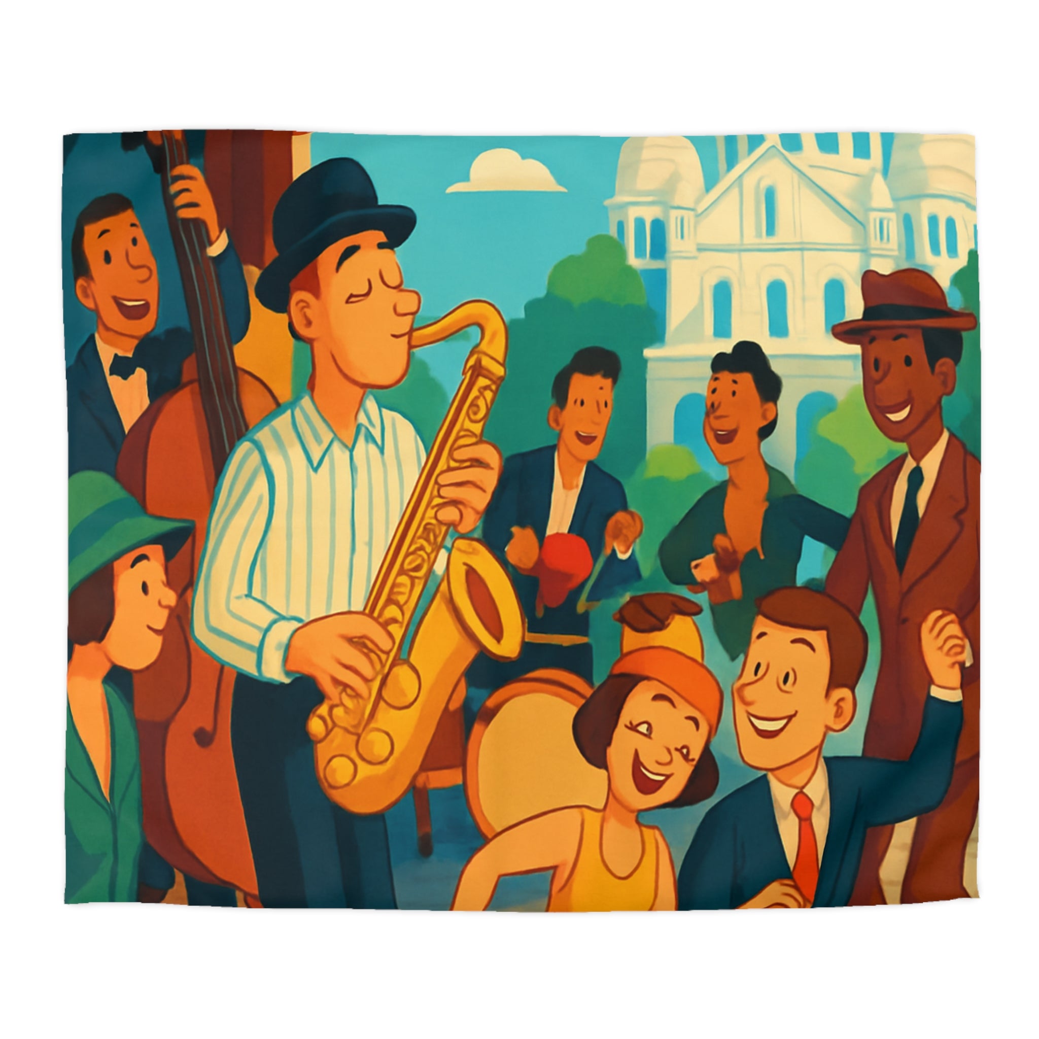 Housse de couette vintage avec scène de musique jazz animée et danse joyeuse