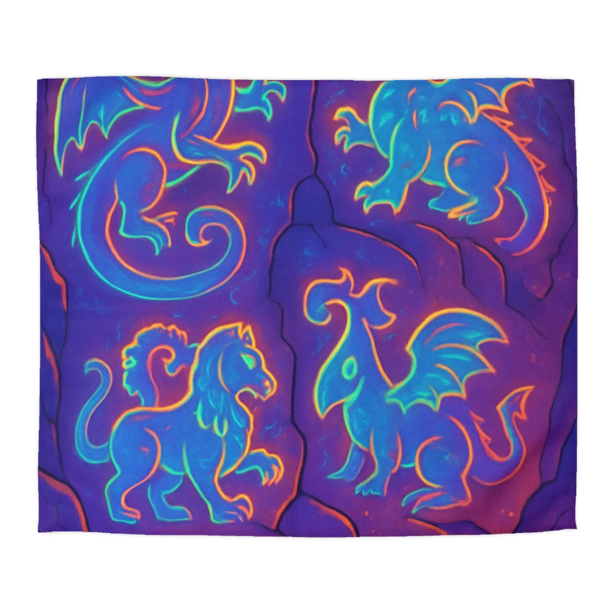 Housse de Couette Fantastique avec Dragons Lumineux en Style Néon Bleu et Orange