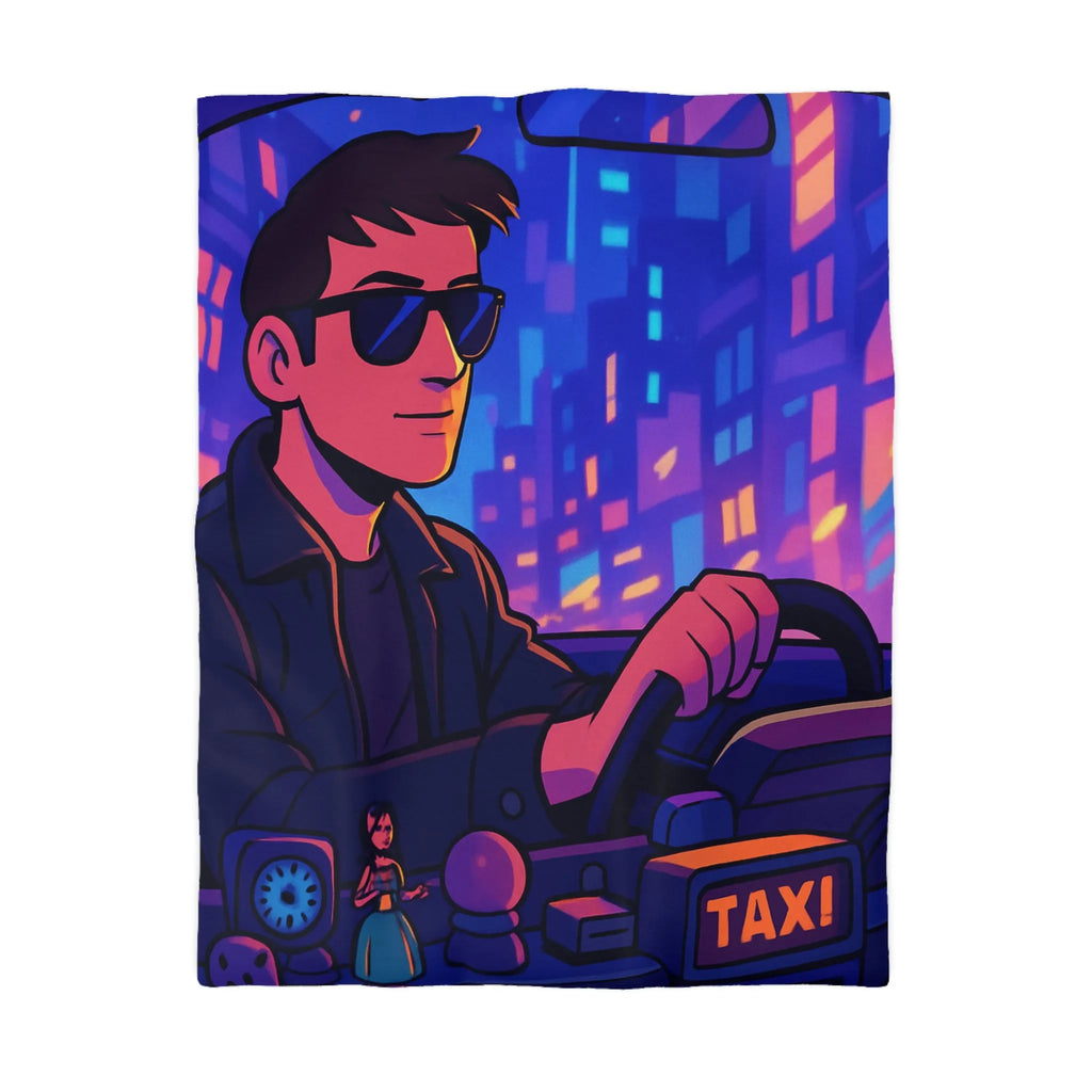 Housse de couette avec illustration rétro taxi urbain style néon pour chambre moderne