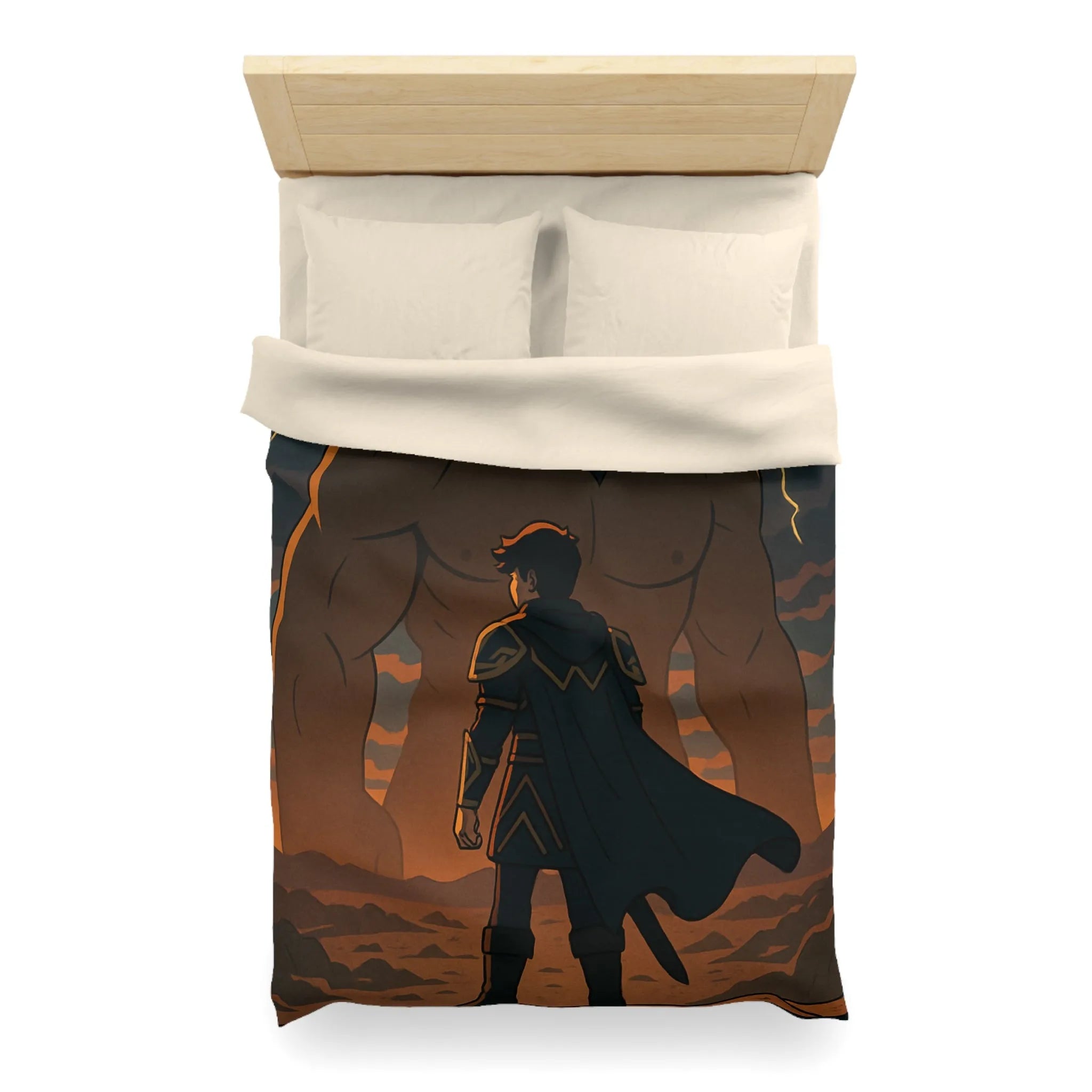 Housse de couette épique avec guerrier et géant sous orage électrique dramatique