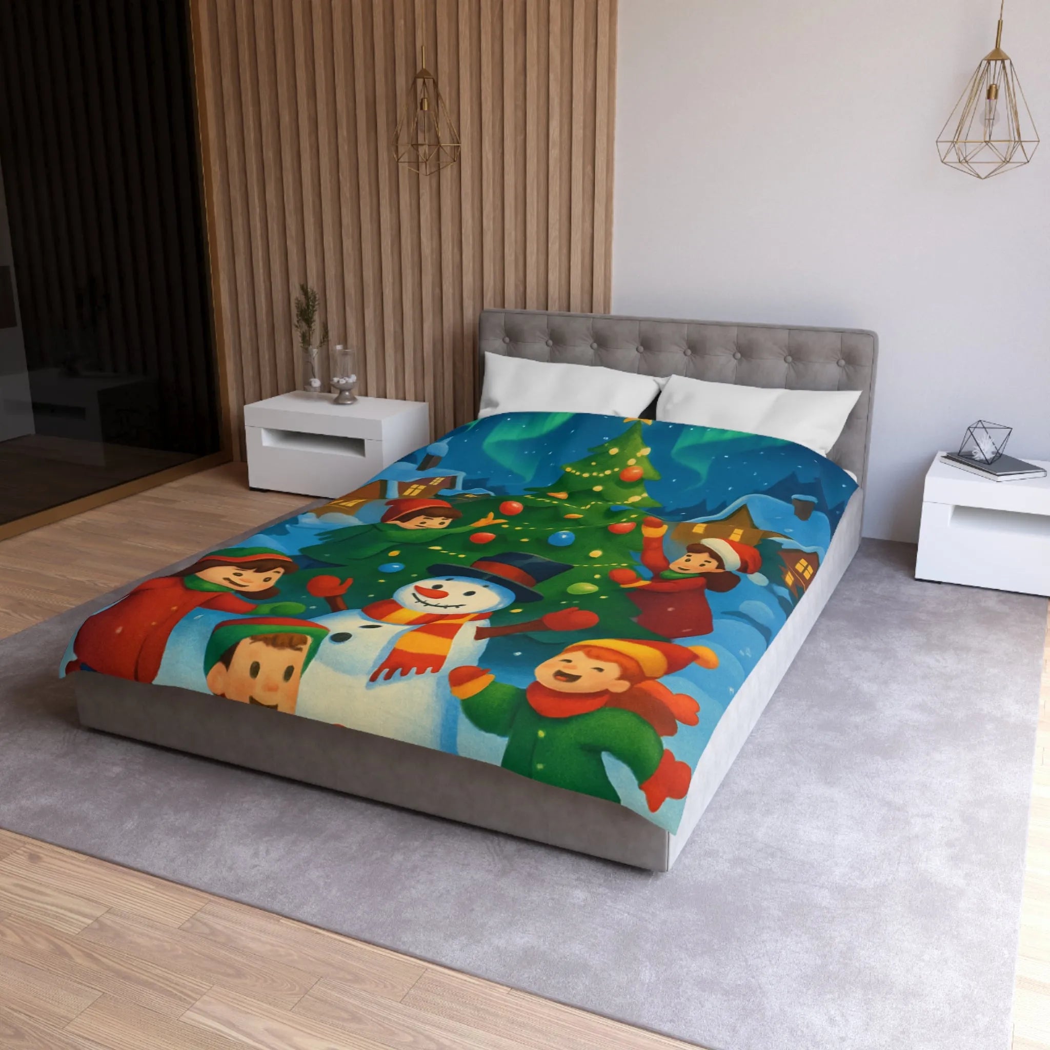 Housse de couette enfants scène festive avec bonhomme de neige et aurore boréale lumineuse