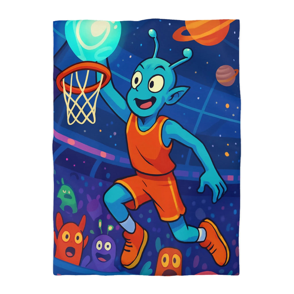 Housse de couette extraterrestre avec joueur de basket sous ciel planétaire coloré et vibrant
