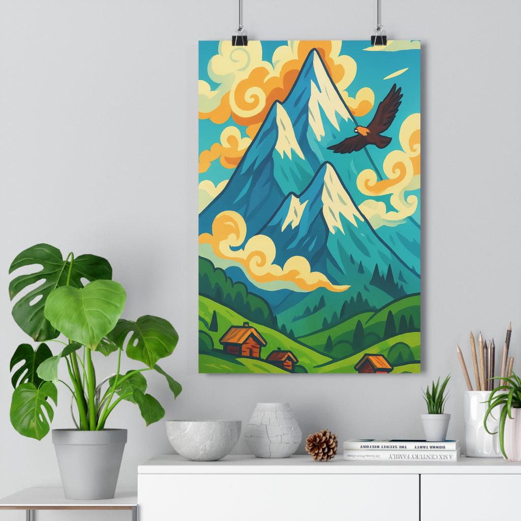 Poster décoratif épique montagnes aigle bleu vert orange salon majestueux dynamique vivant salon qualité