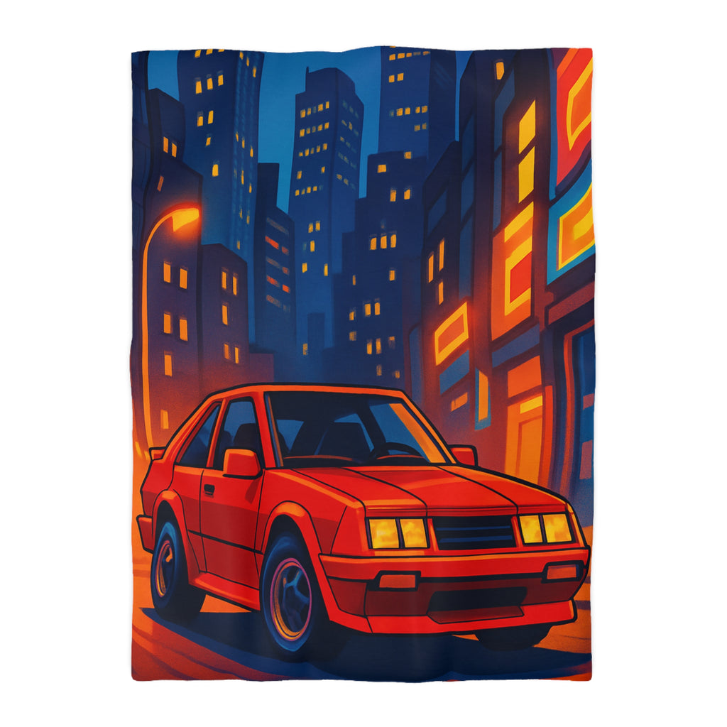 Housse de couette urbaine rétro avec voiture rouge lueur nocturne vibrante