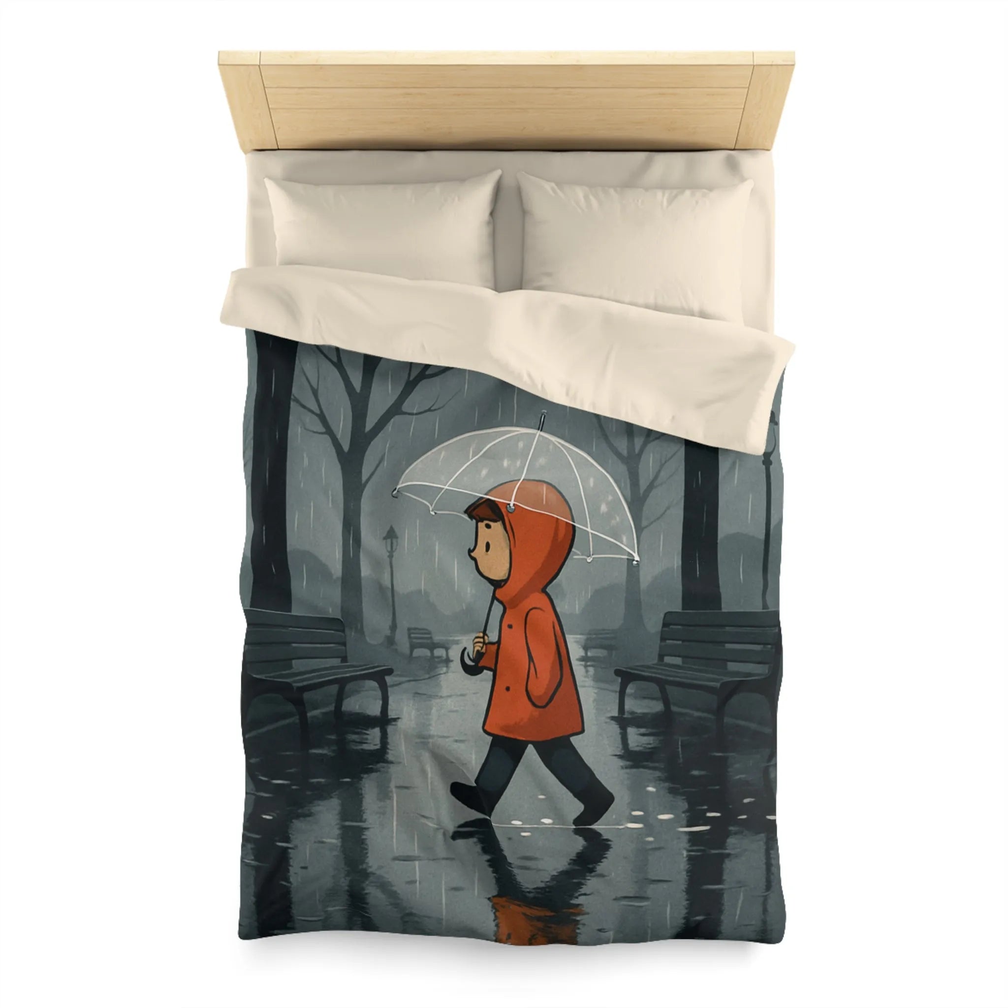 Housse de couette avec illustration d'enfant marchant sous la pluie en forêt brumeuse