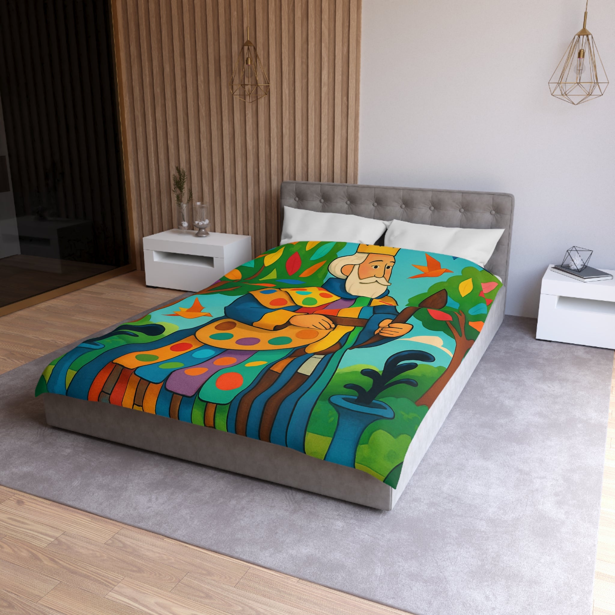 Housse de couette multicolore avec roi et oiseaux dans un jardin enchanteur