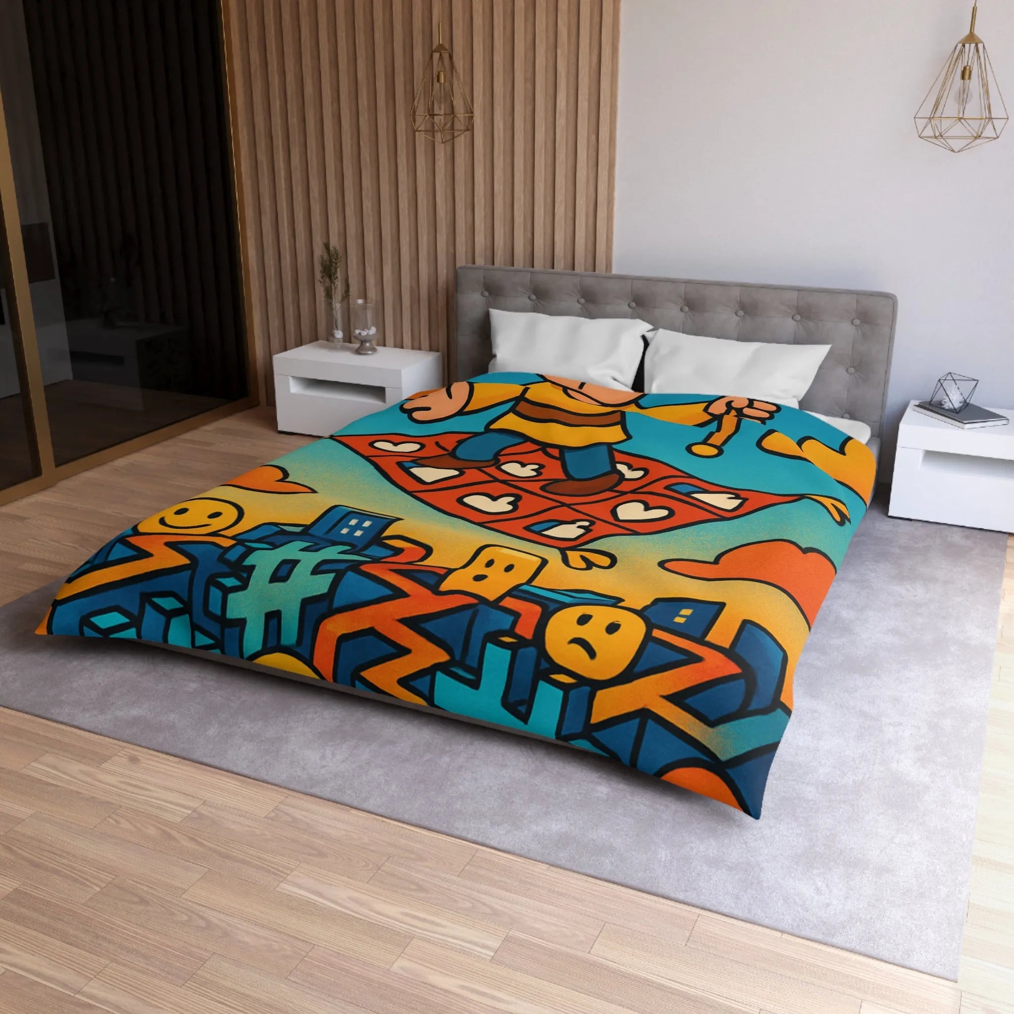 Housse de couette colorée avec un personnage sur un tapis volant magique