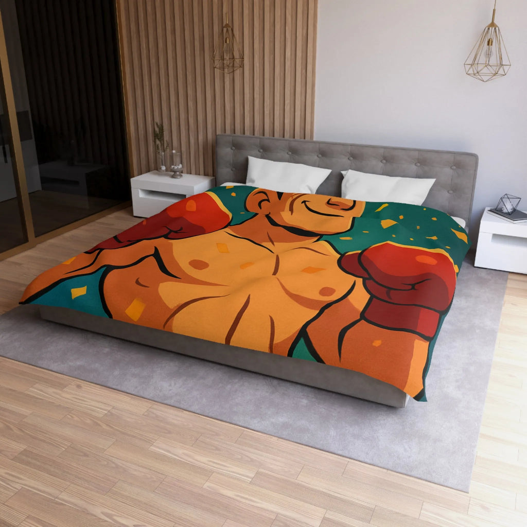 Housse de couette colorée avec boxeur en tenue rouge, ambiance festive dynamique