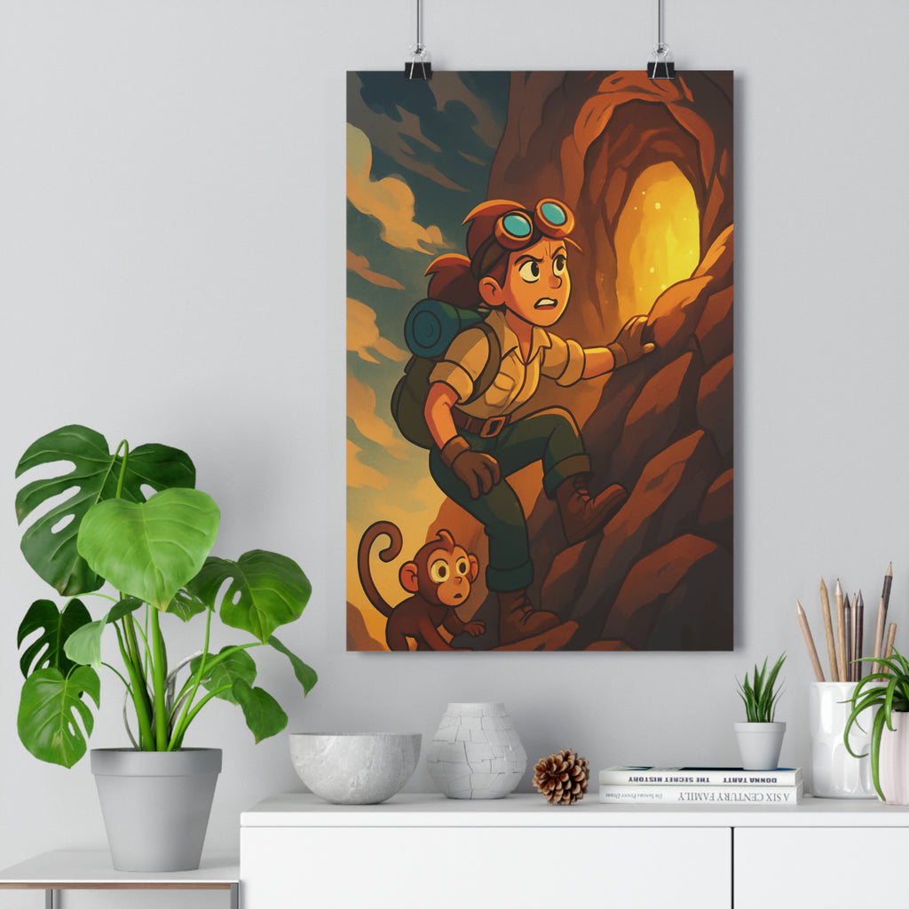 Poster décoratif cartoon aventurière aventure mystère émeraude bleu orange chambre salon bureau excitant lumineux