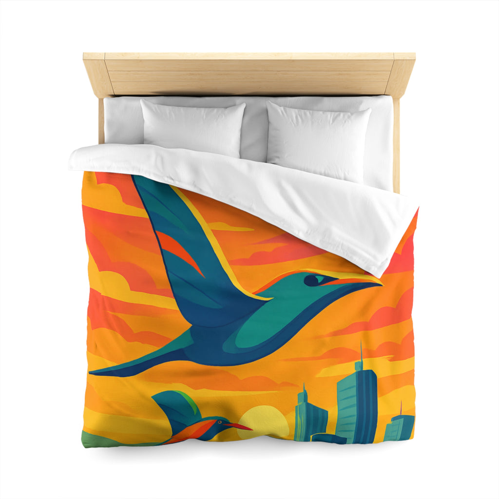 Housse de Couette Vibrante avec Oiseaux Volant au-dessus Champs et Ville au Crépuscule