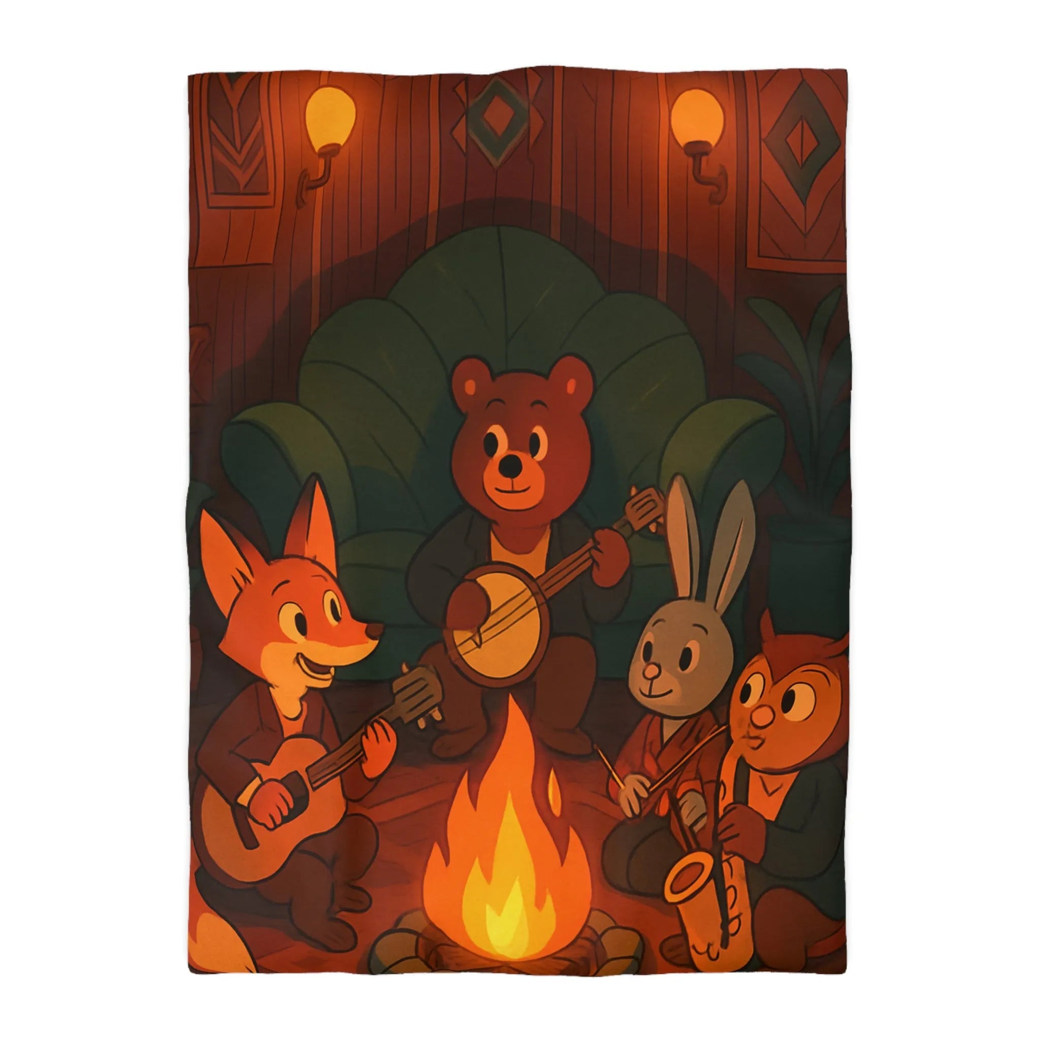 Housse de Couette Animaux Musiciens Autour Feu de Camp Ambiance Cosy pour Chambre Enfant