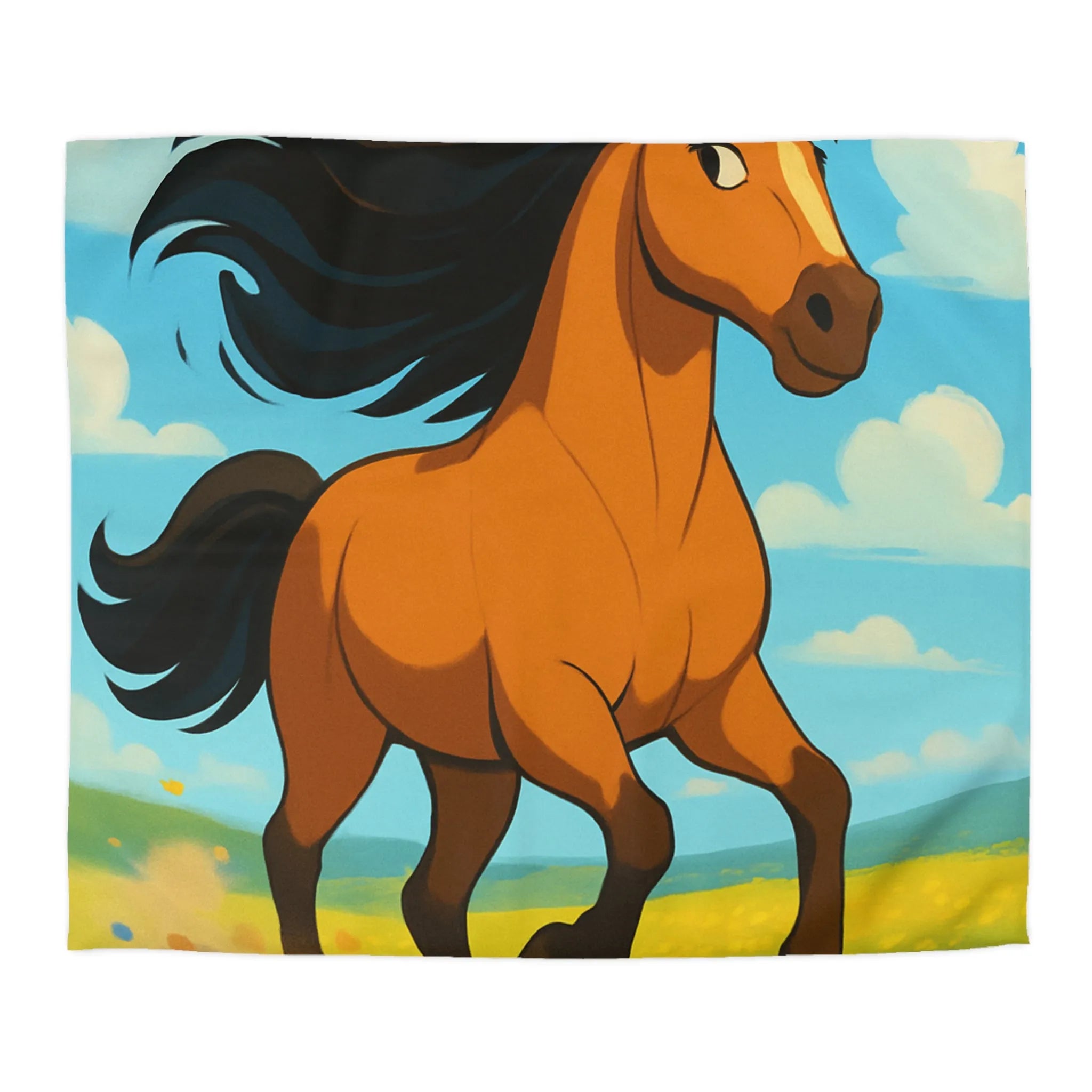 Housse de couette cheval couleur vive, prairie en fleurs, nuages, ciel bleu