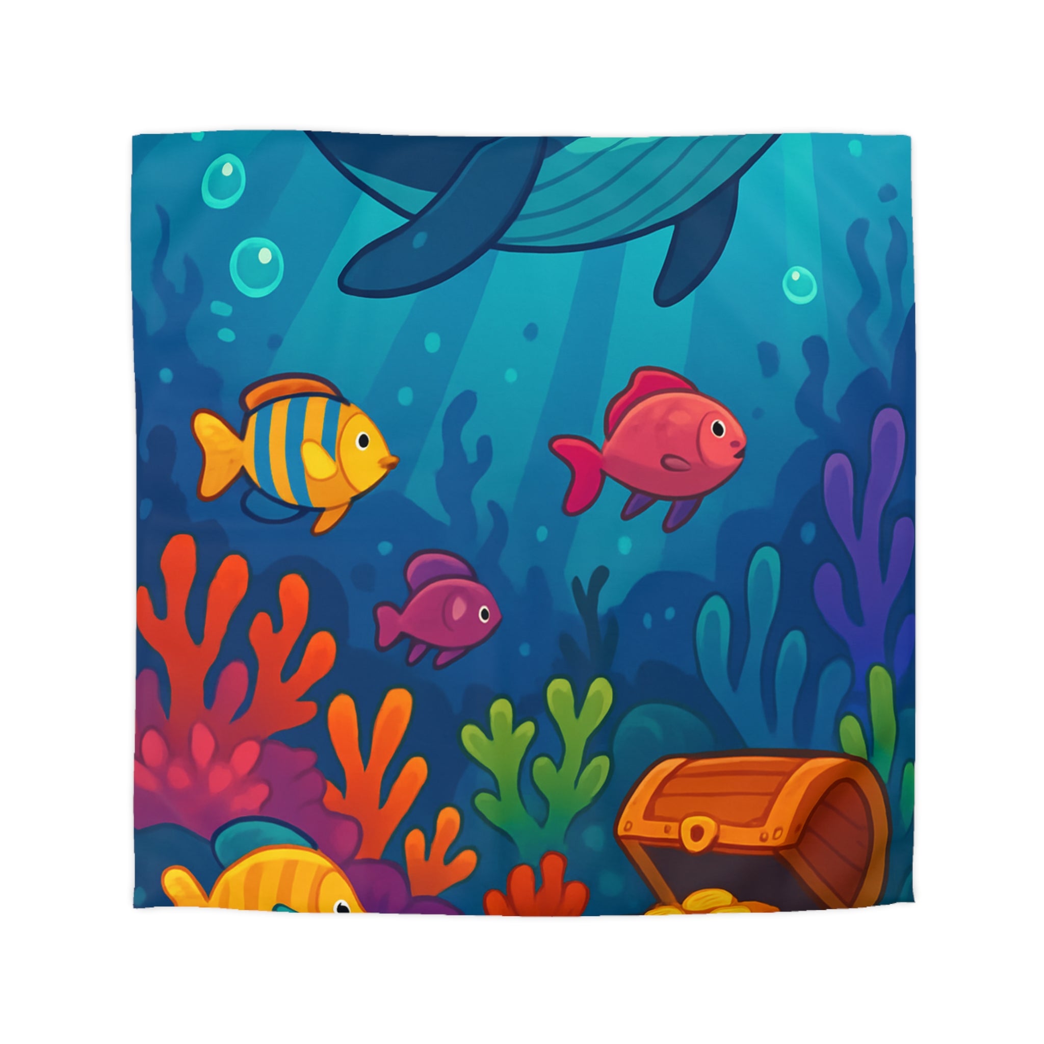 Housse de couette océan magique, baleine heureuse, poissons colorés et trésor sous-marin