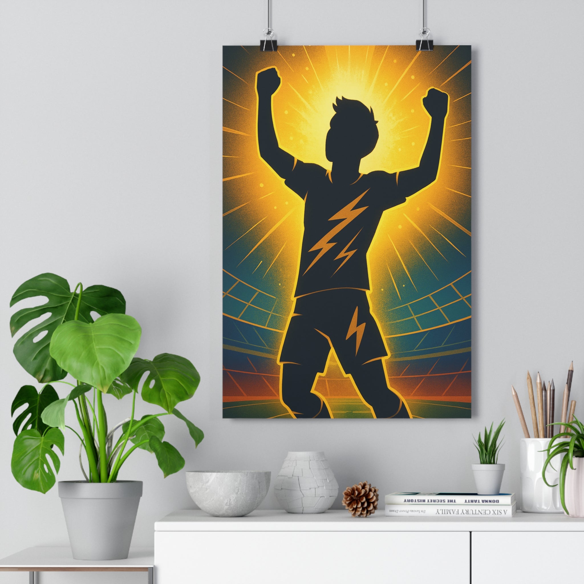 Poster décoratif minimaliste jaune bleu dynamique énergique chambre enfant sport silhouette vibrant graphique football