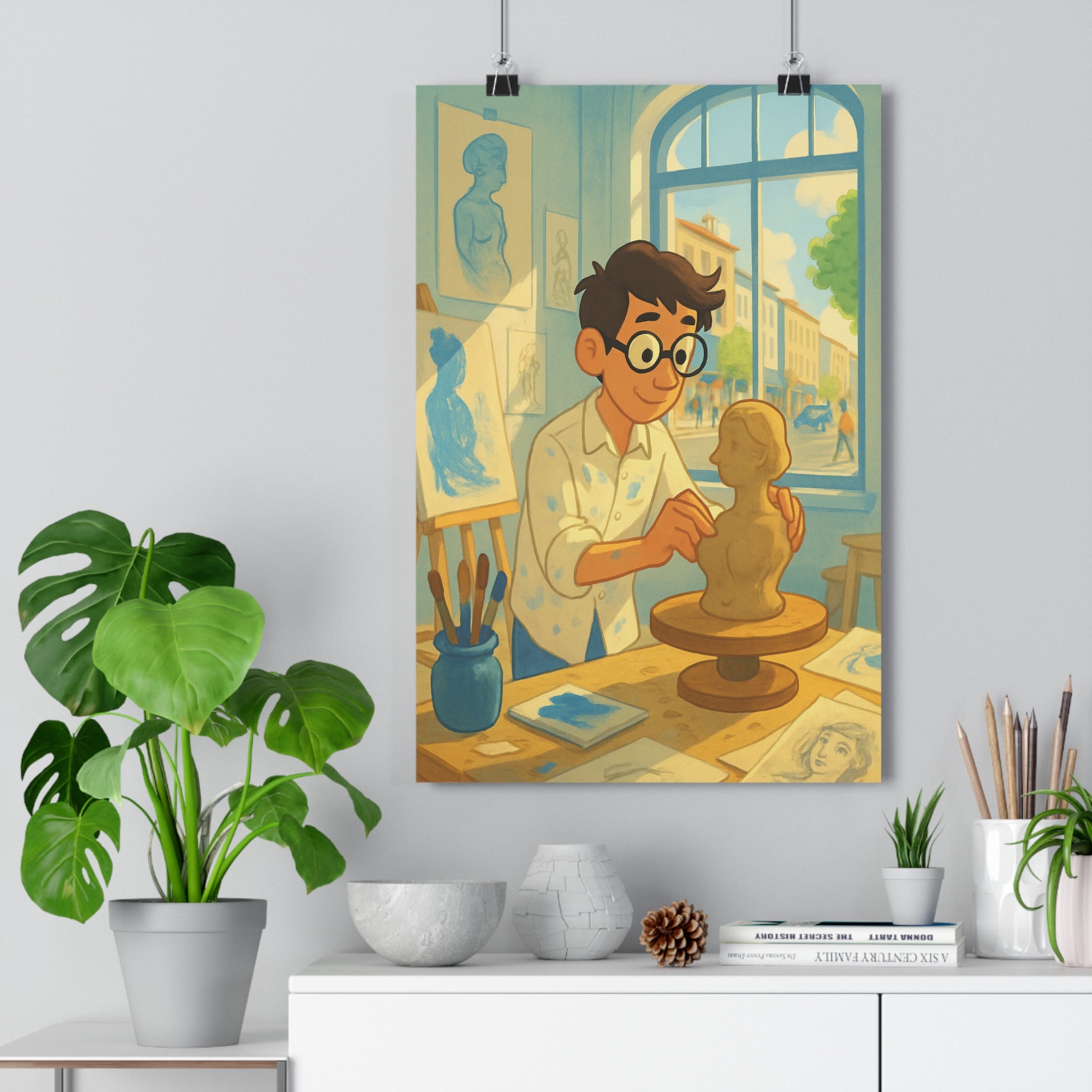 Poster décoratif lumineux artistique moderne atelier créatif homme peinture lunettes chambre salon élégant qualité