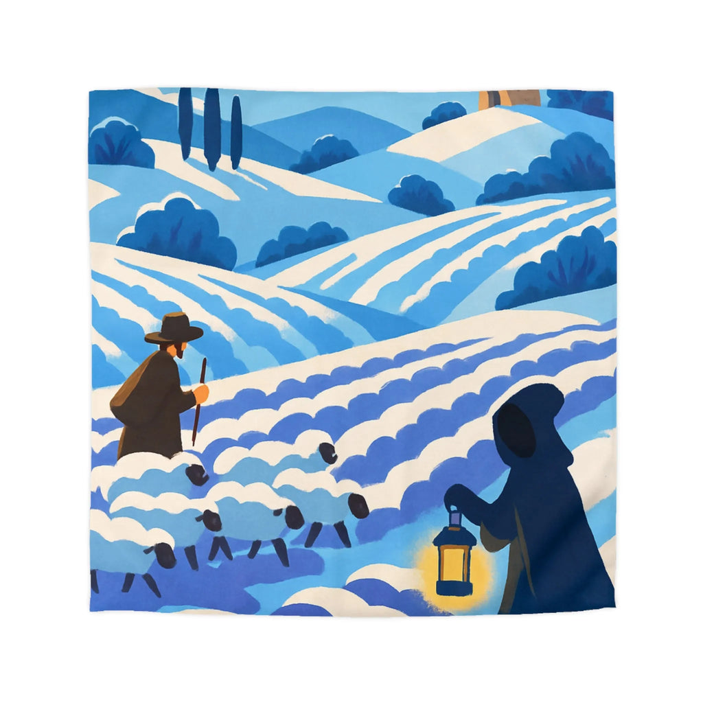 Housse de couette champêtre avec berger, moutons et moulin dans un paysage rêveur