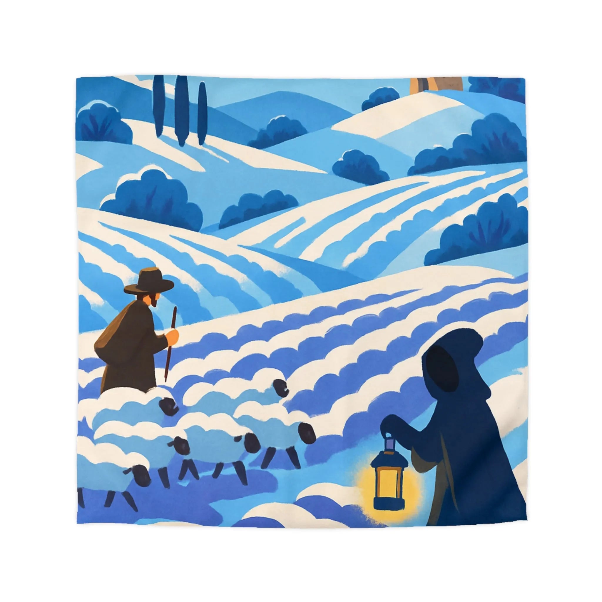 Housse de couette champêtre avec berger, moutons et moulin dans un paysage rêveur