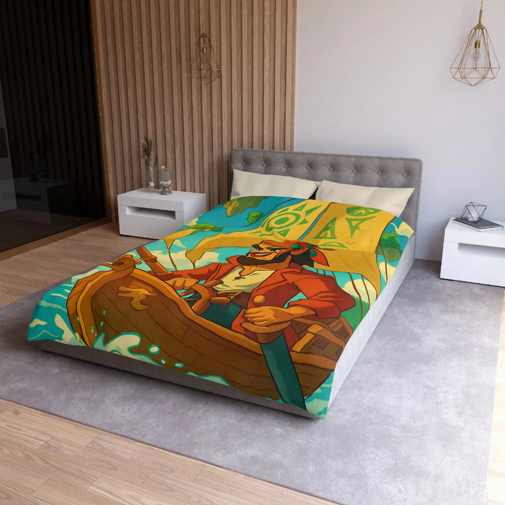 Housse de couette colorée avec pirate en bateau sur mer et îles flottantes