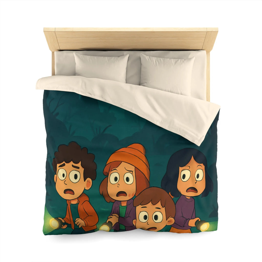 Housse de couette illustrée avec enfants explorant forêt mystérieuse par nuit de pleine lune