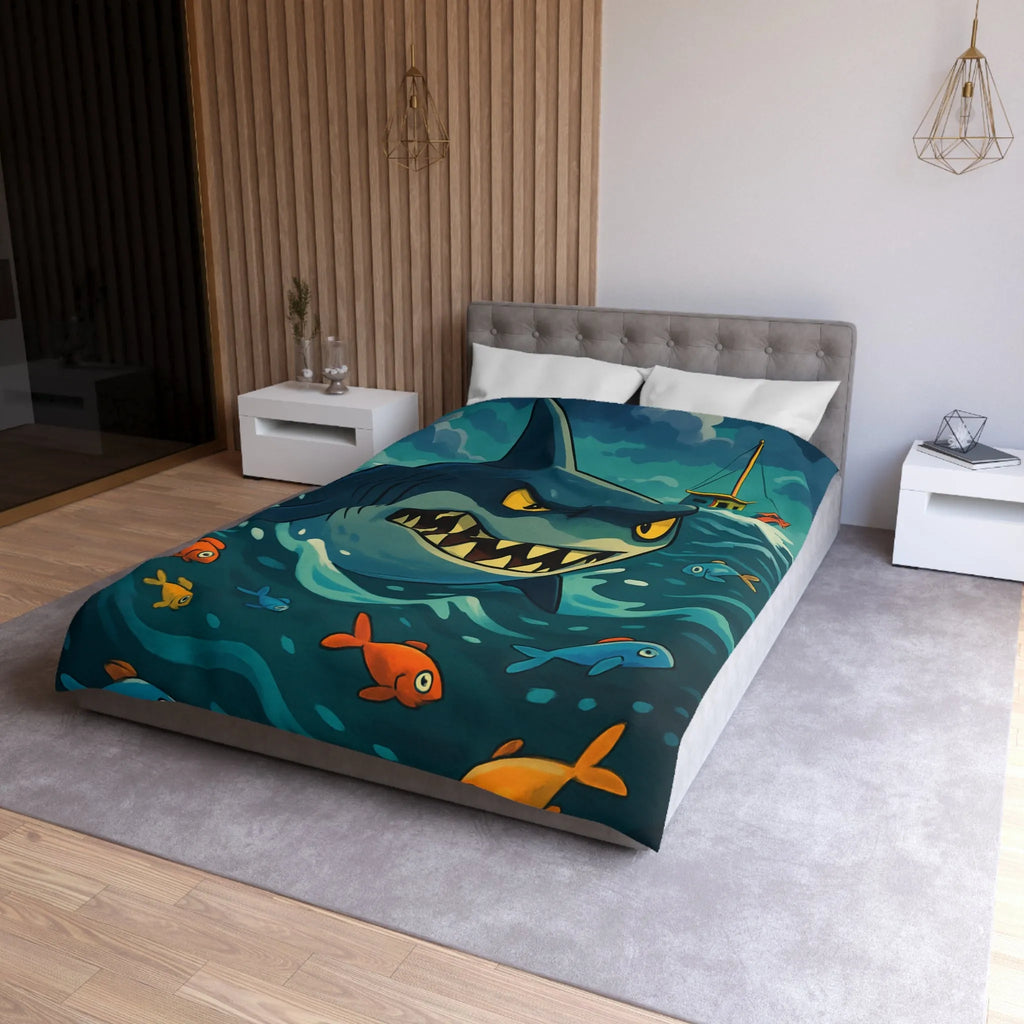 Housse de couette avec requin cartoon effrayant et poissons colorés en mer orageuse