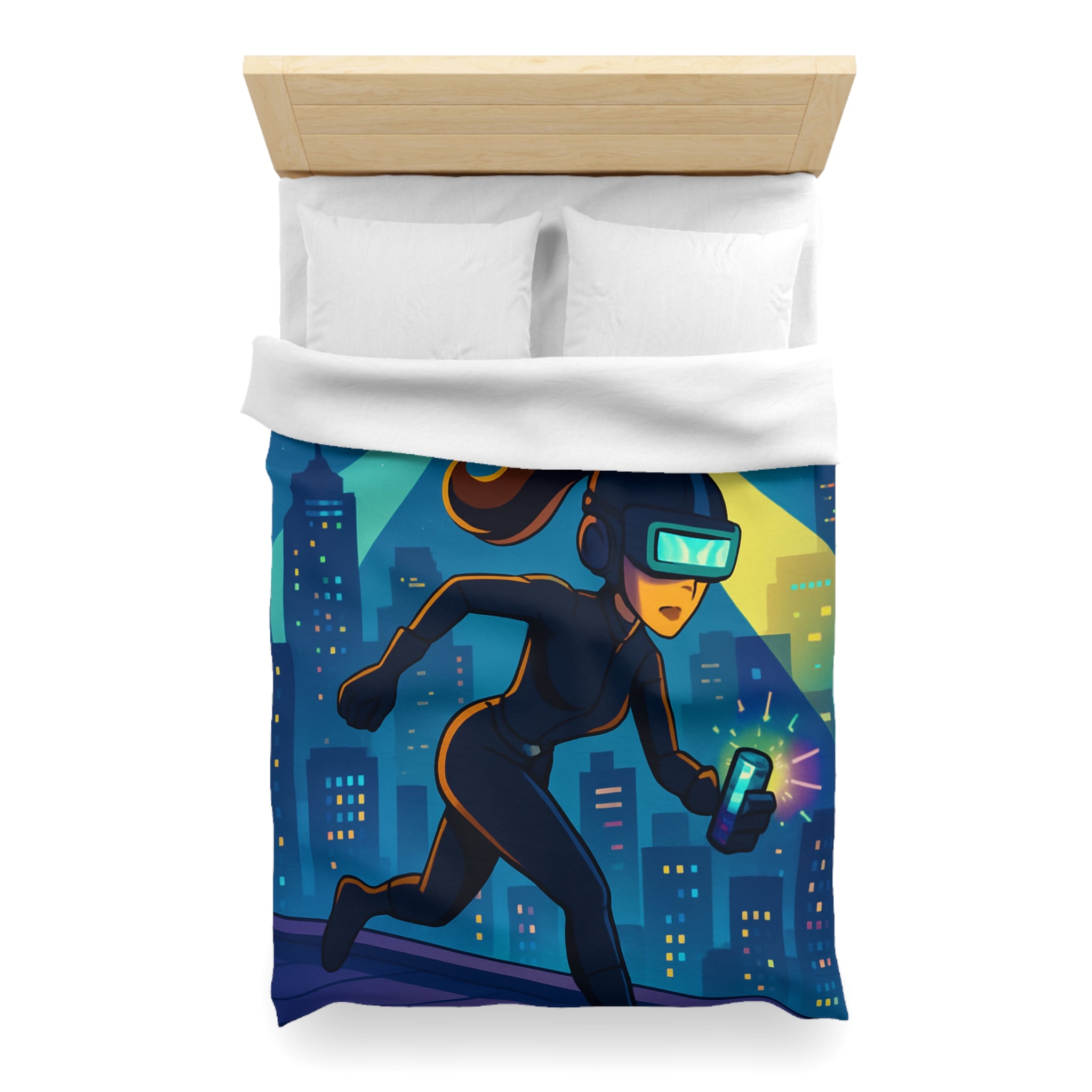 Housse de couette moderne avec motif de ville et personnage futuriste en action