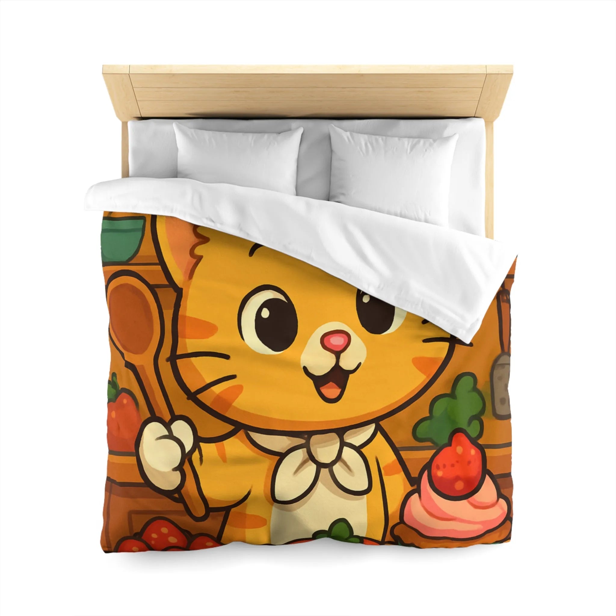 Housse de couette colorée avec chat cuisinier et pâtisseries dans une cuisine animée
