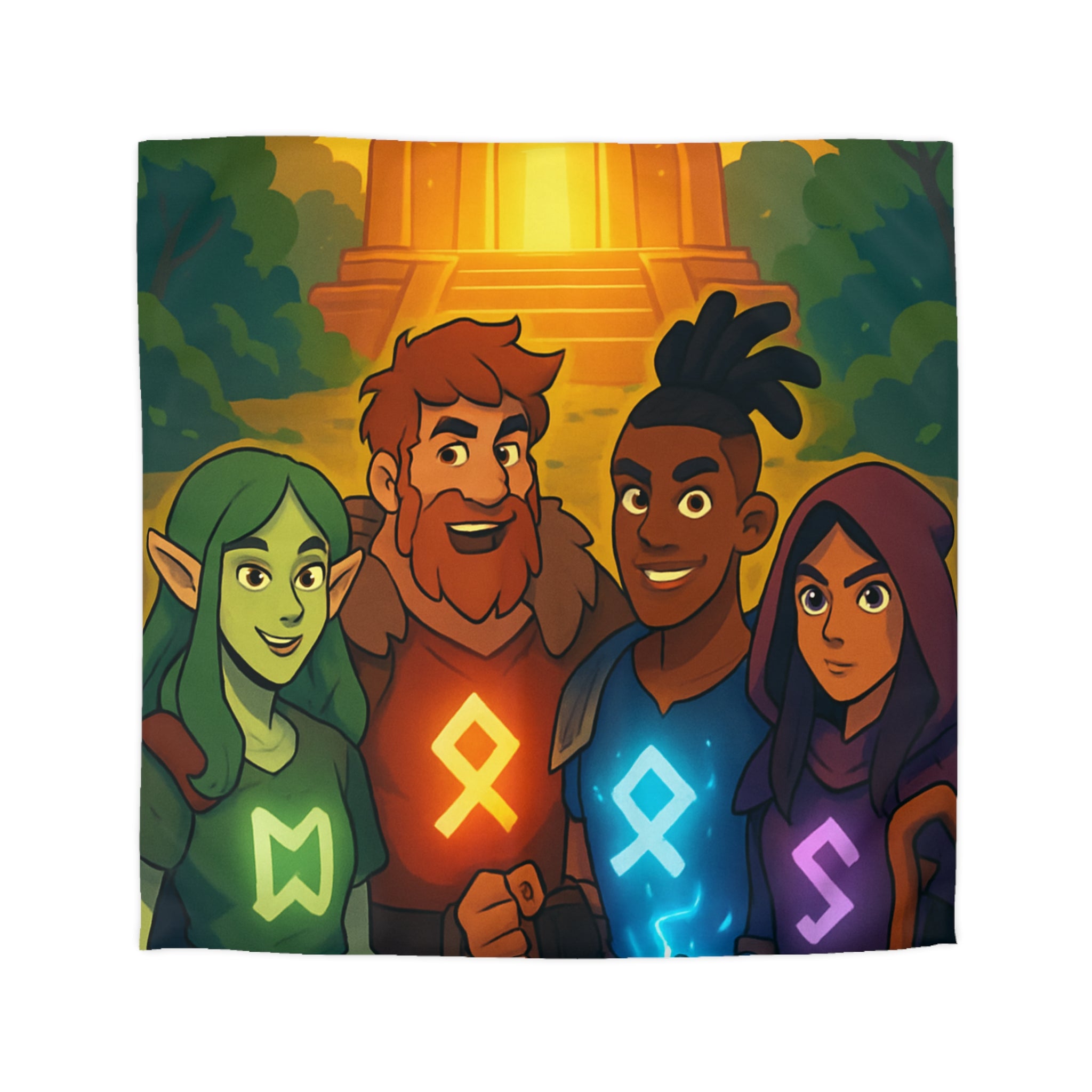 Housse de couette vibrant avec aventure illustrée de quatre héros devant un ancien temple