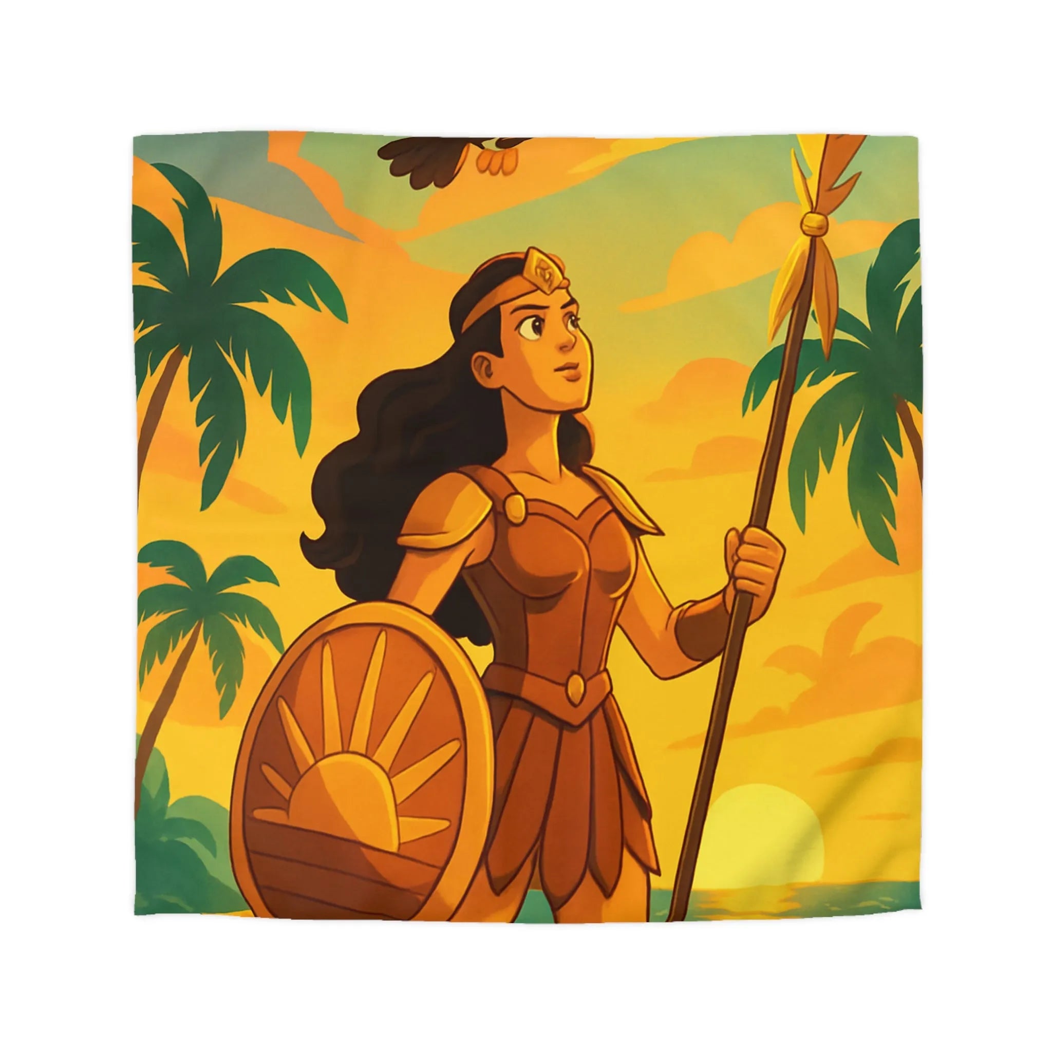 Housse de couette avec guerrière et aigle au coucher du soleil sur la plage