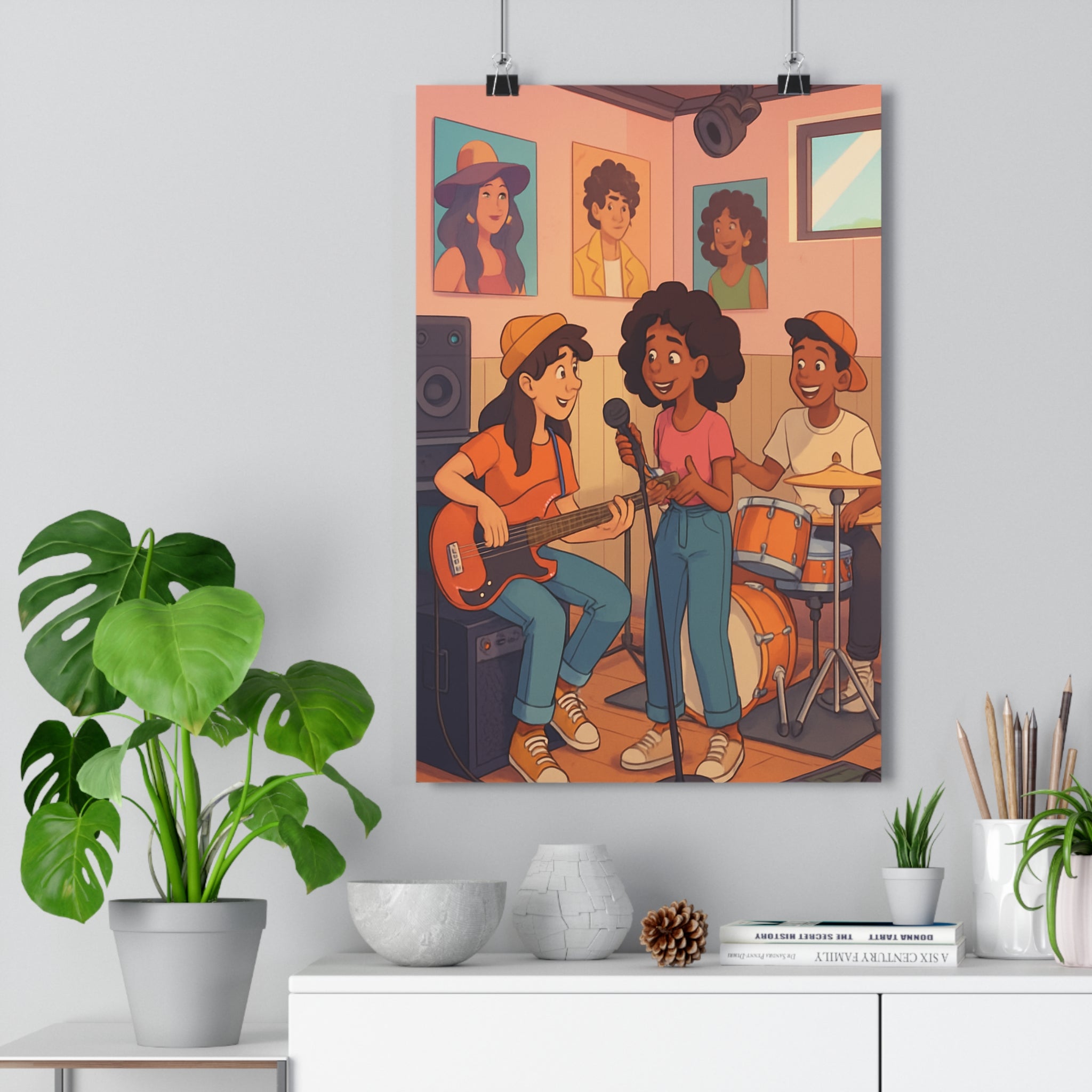 Poster décoratif animé vibrant jeunesse musique studio guitare chant batterie pêche bleu chambre qualité