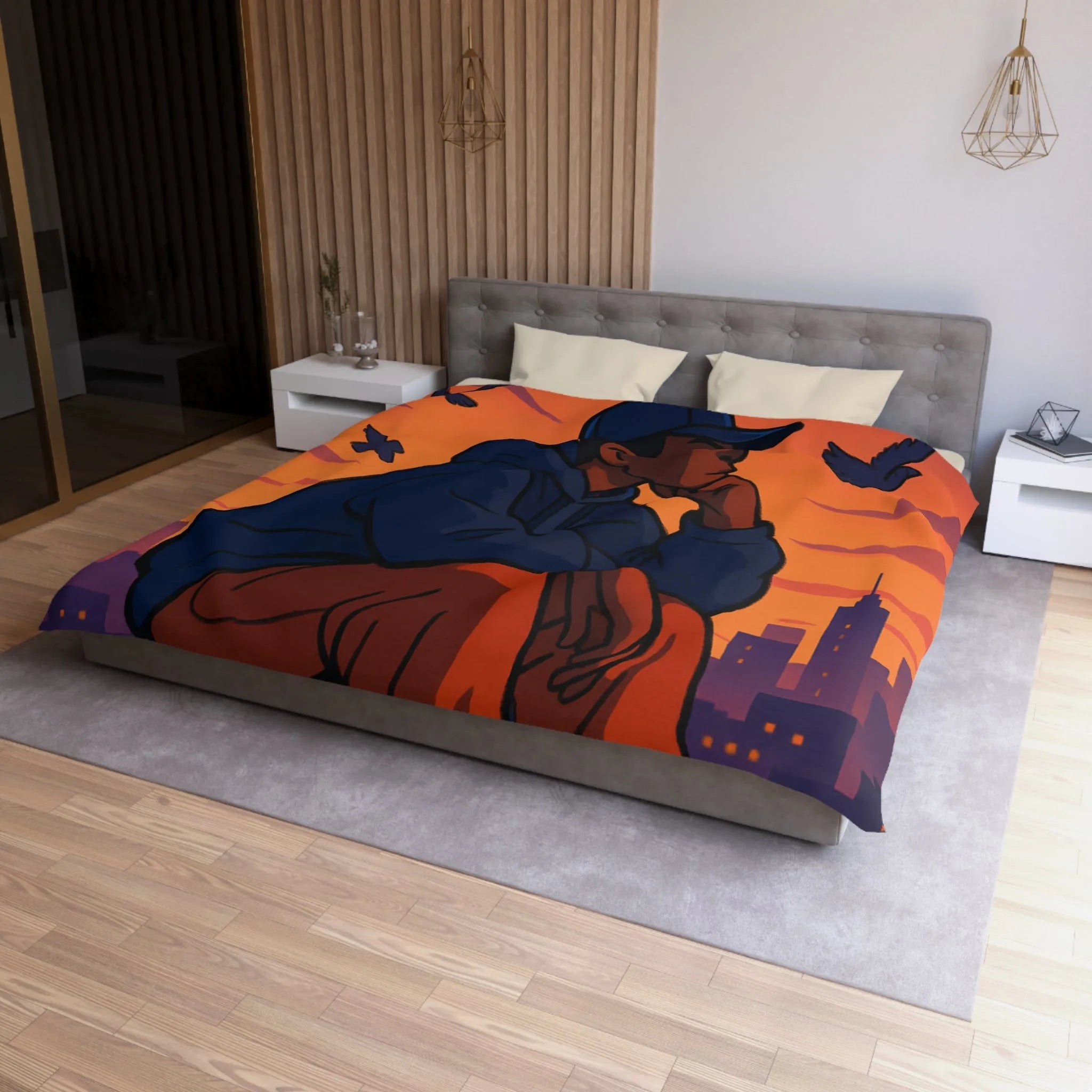 Housse de couette au design urbain moderne avec ciel crépusculaire et silhouette pensive