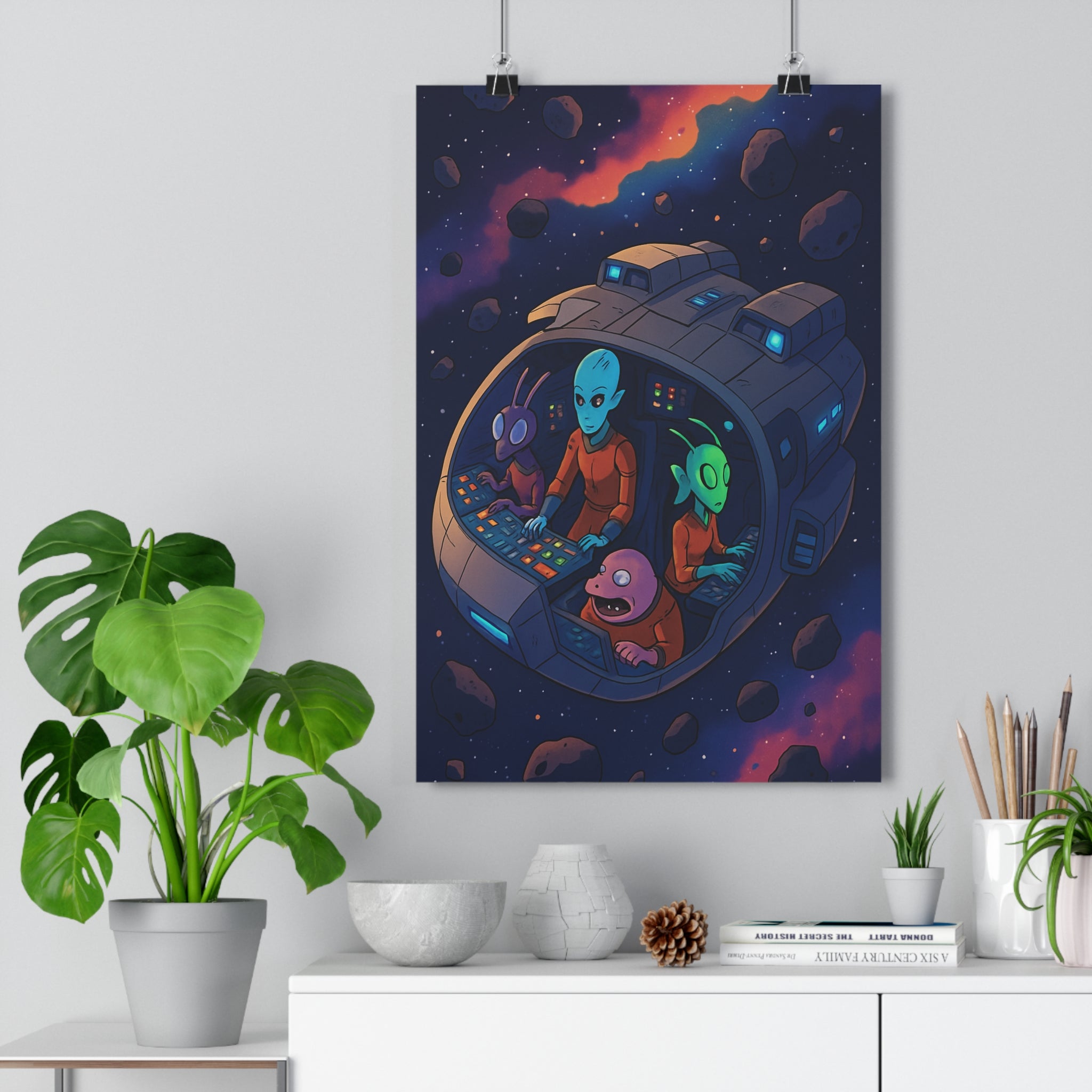 Poster décoratif dessin animé bleu orange rétro extraterrestre aventure salon chambre bureau unique vibrant