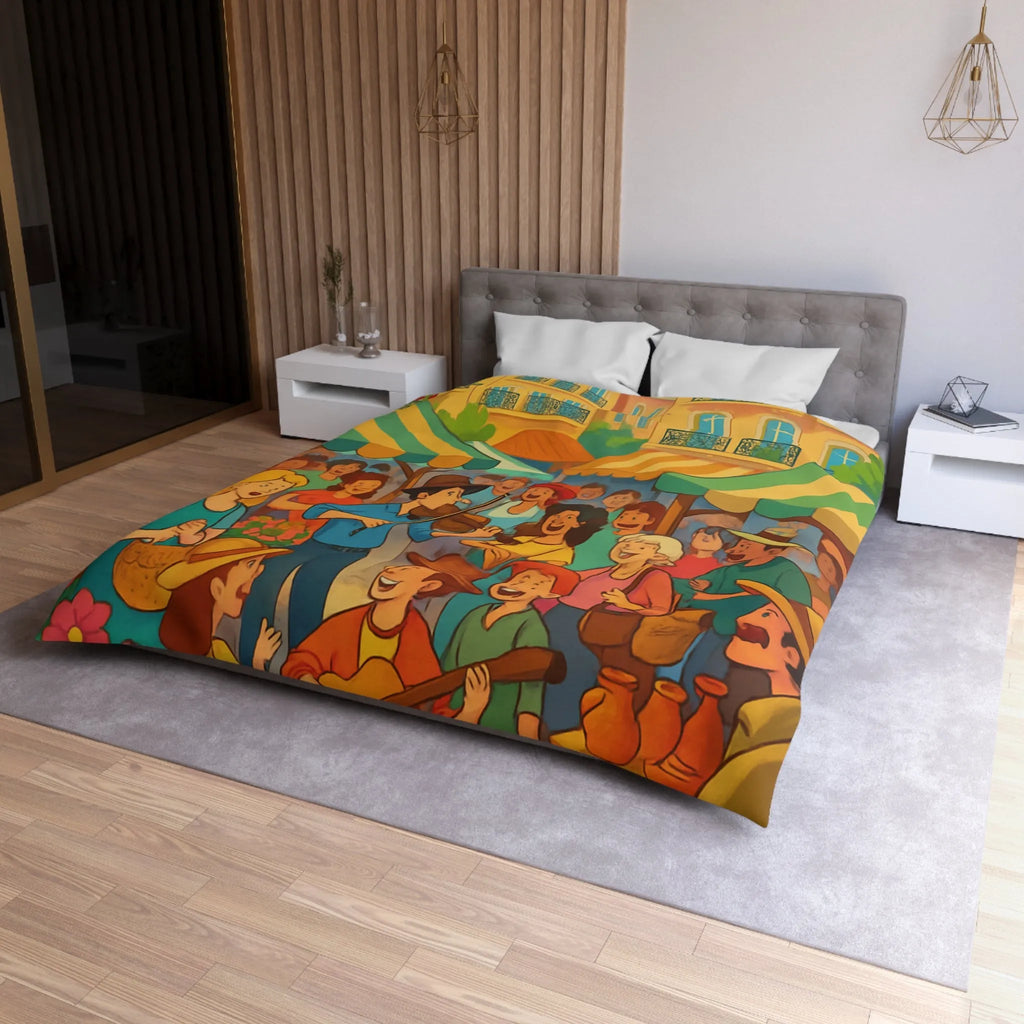 Housse de couette colorée avec scène de marché animé et ambiance joyeuse en plein air