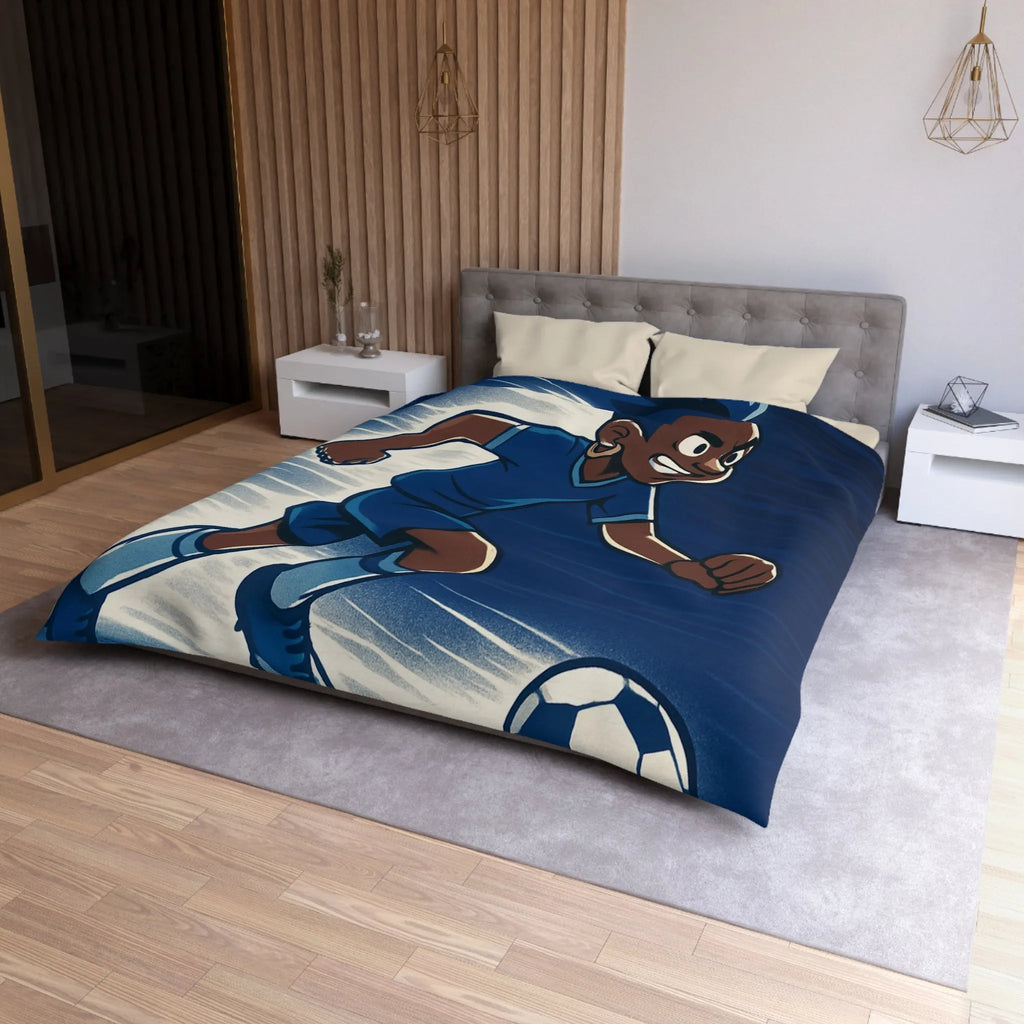Housse de couette football dynamique garçon jouant au soccer style cartoon moderne bleu