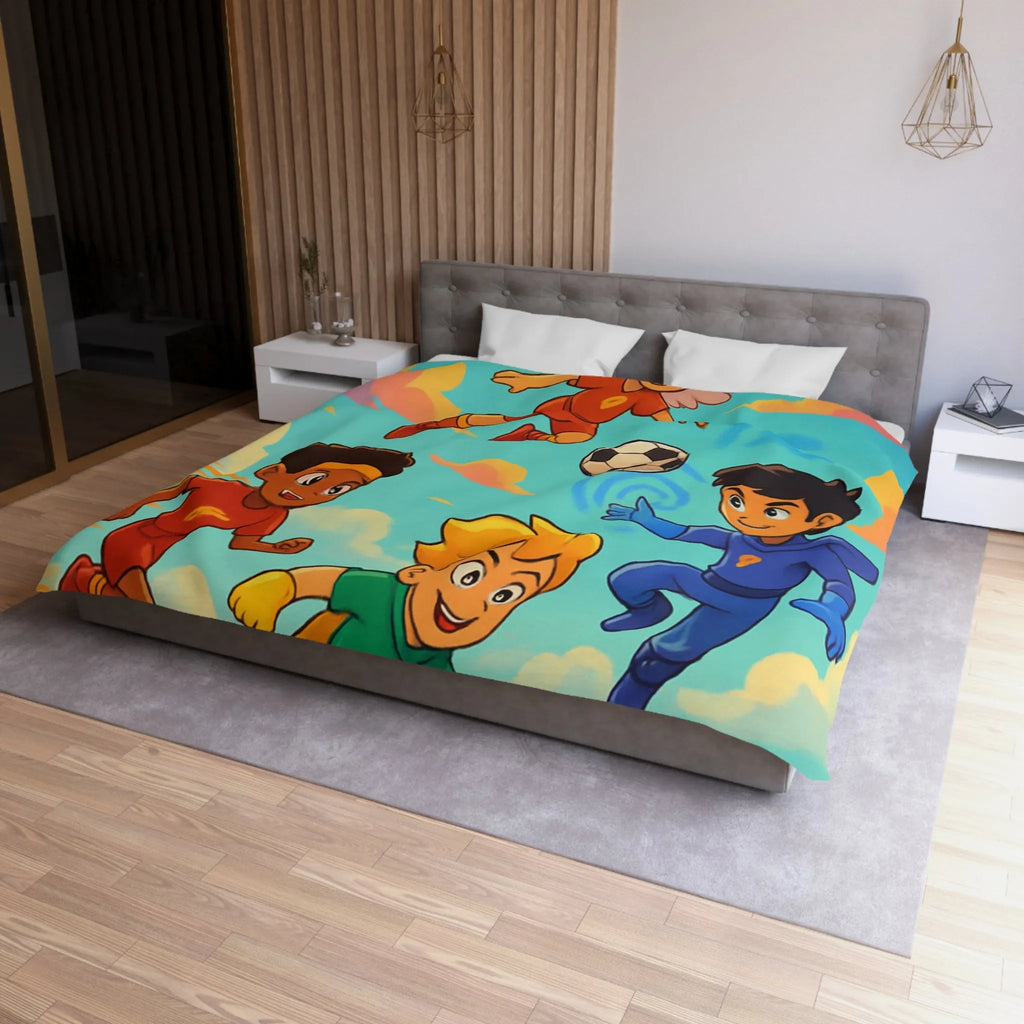 Housse de couette colorée avec enfants jouant au football dans un style cartoon céleste