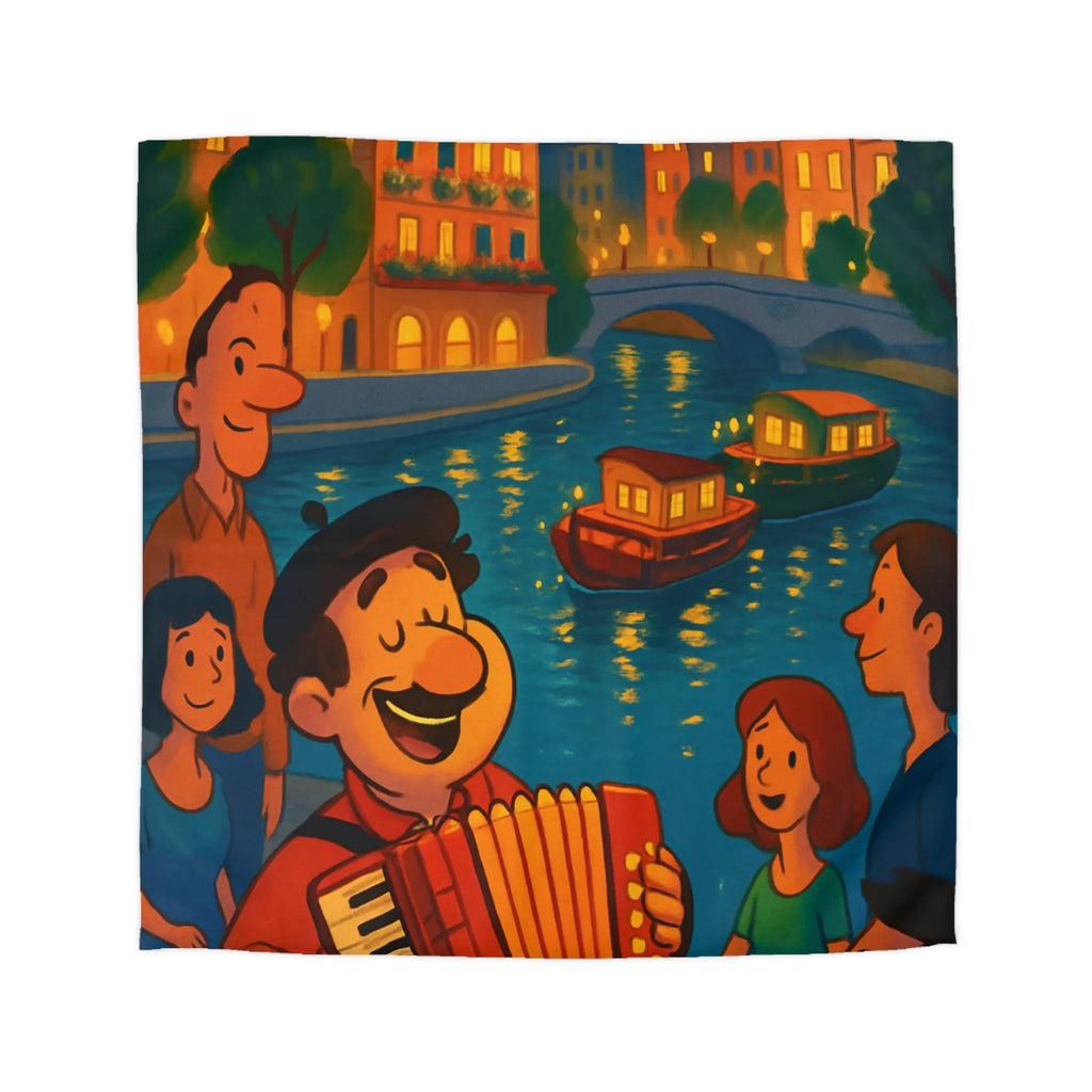 Housse de couette avec illustration animée d'une scène joyeuse au bord de la rivière