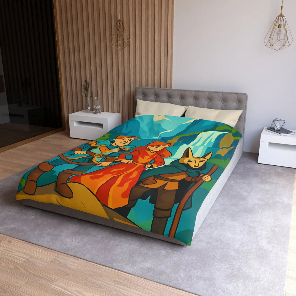 Housse de couette avec illustration aventureuse de personnages devant une cascade majestueuse