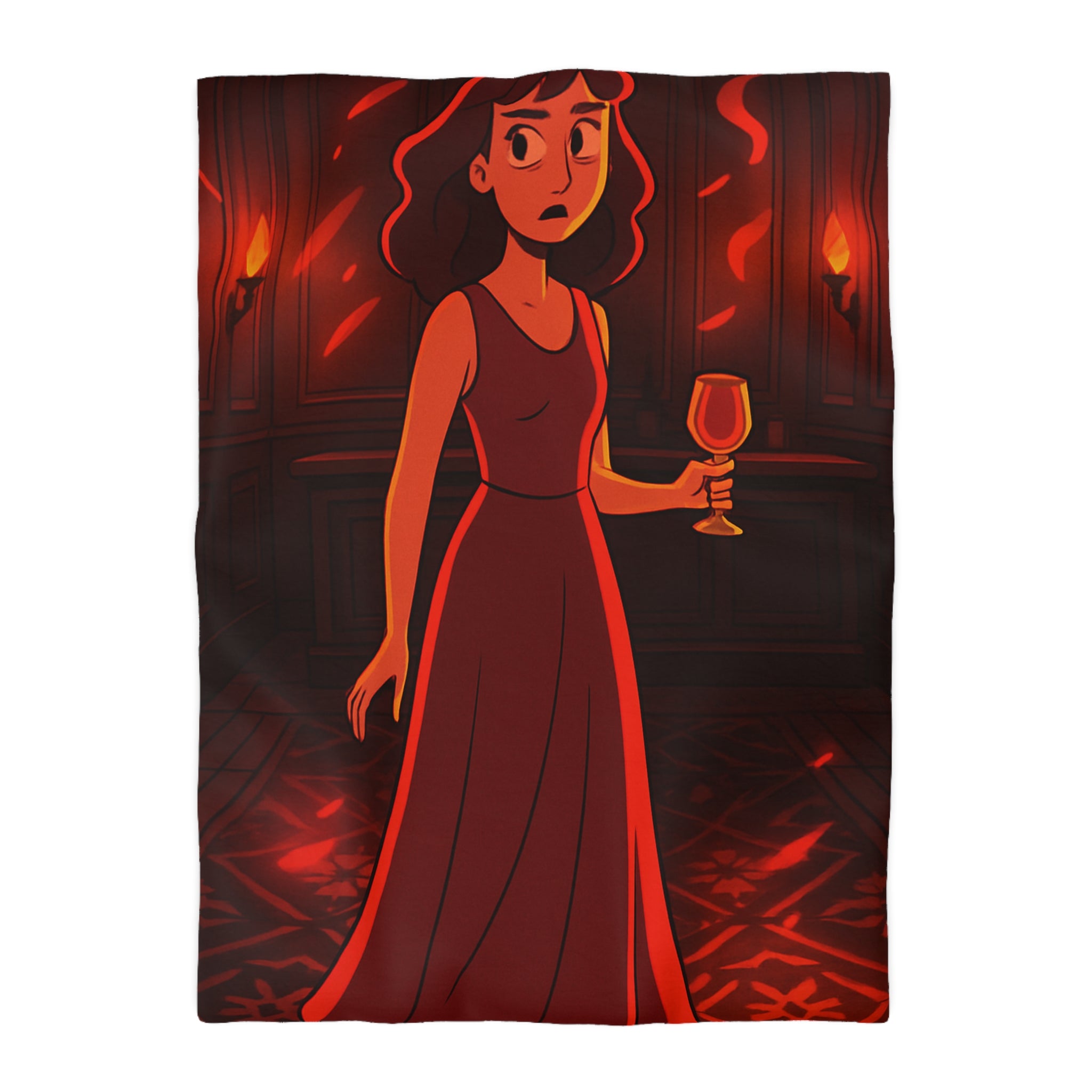 Housse de couette rouge élégante avec motif femme et reflets lumineux mystérieux