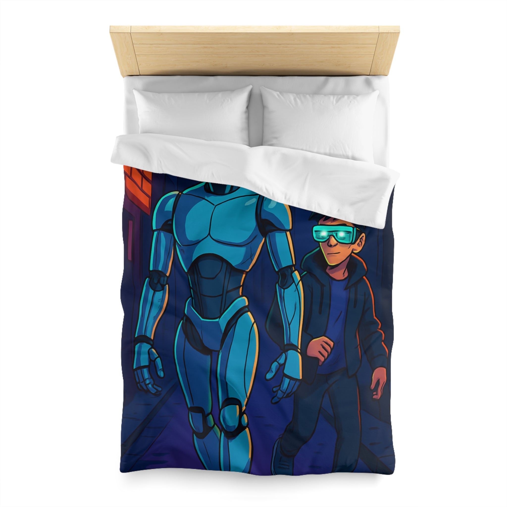 Housse de couette moderne avec illustration néon de robot et jeune avec lunettes lumineuses