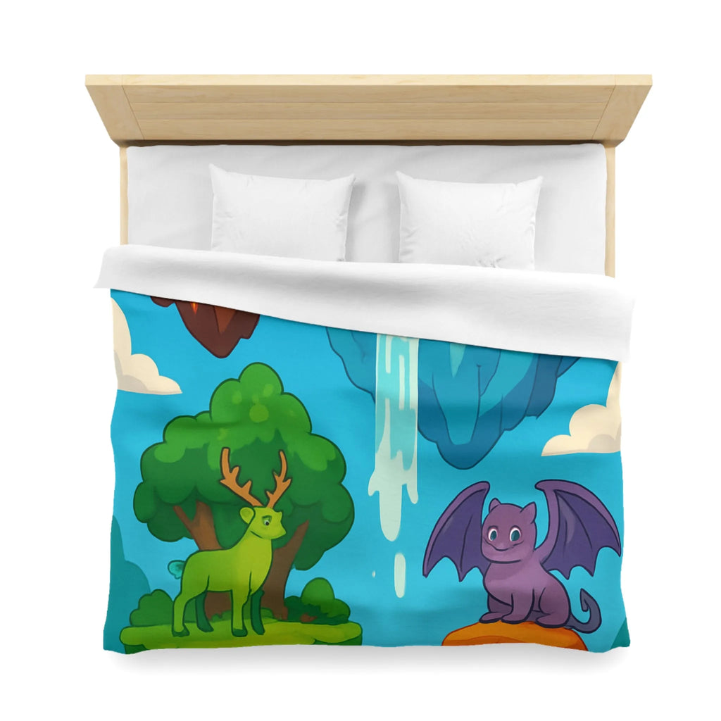 Housse de couette fantasy avec îles flottantes et créatures magiques colorées