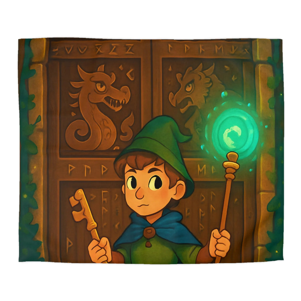 Housse de couette avec illustration enchantée de sorcier devant porte mystérieuse boisée