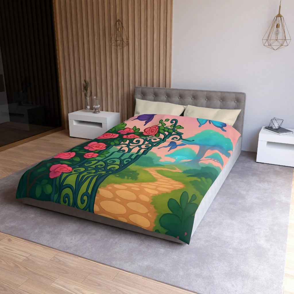 Belle housse de couette féerique avec portail fleuri et papillons colorés, jardins enchanteurs