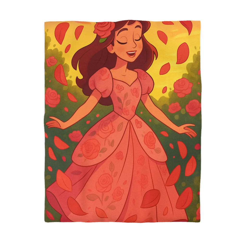 Housse de couette délicatement illustrée avec motif de danse joyeuse parmi les roses rouges