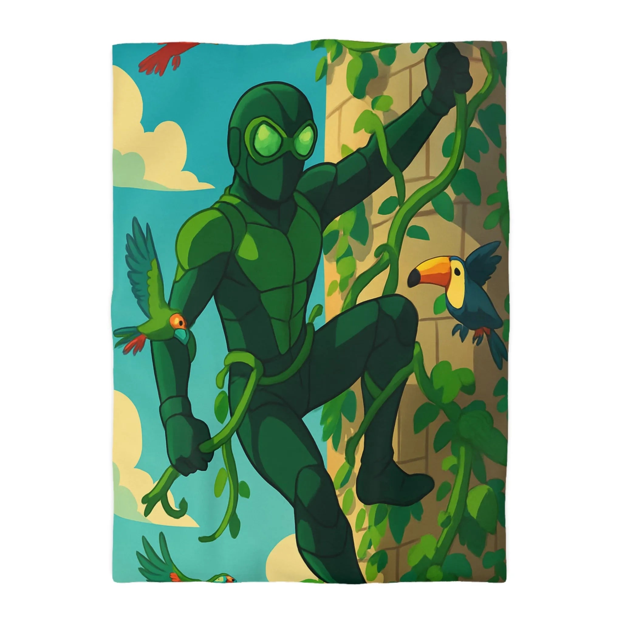 Housse de couette jungle animée avec héros vert grimpant et oiseaux colorés