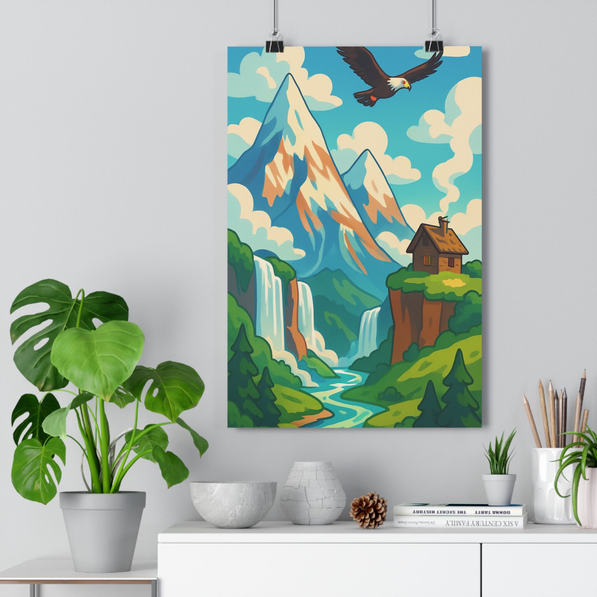 Poster décoratif anime montagnes enneigées bleu blanc mystique salon chambre nature paysage sérénité ambiance
