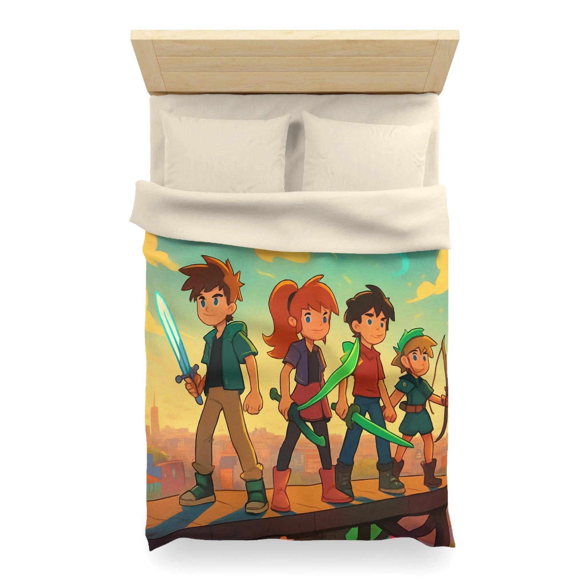 Housse de couette colorée avec quatre héros et ciel étoilé multicolore