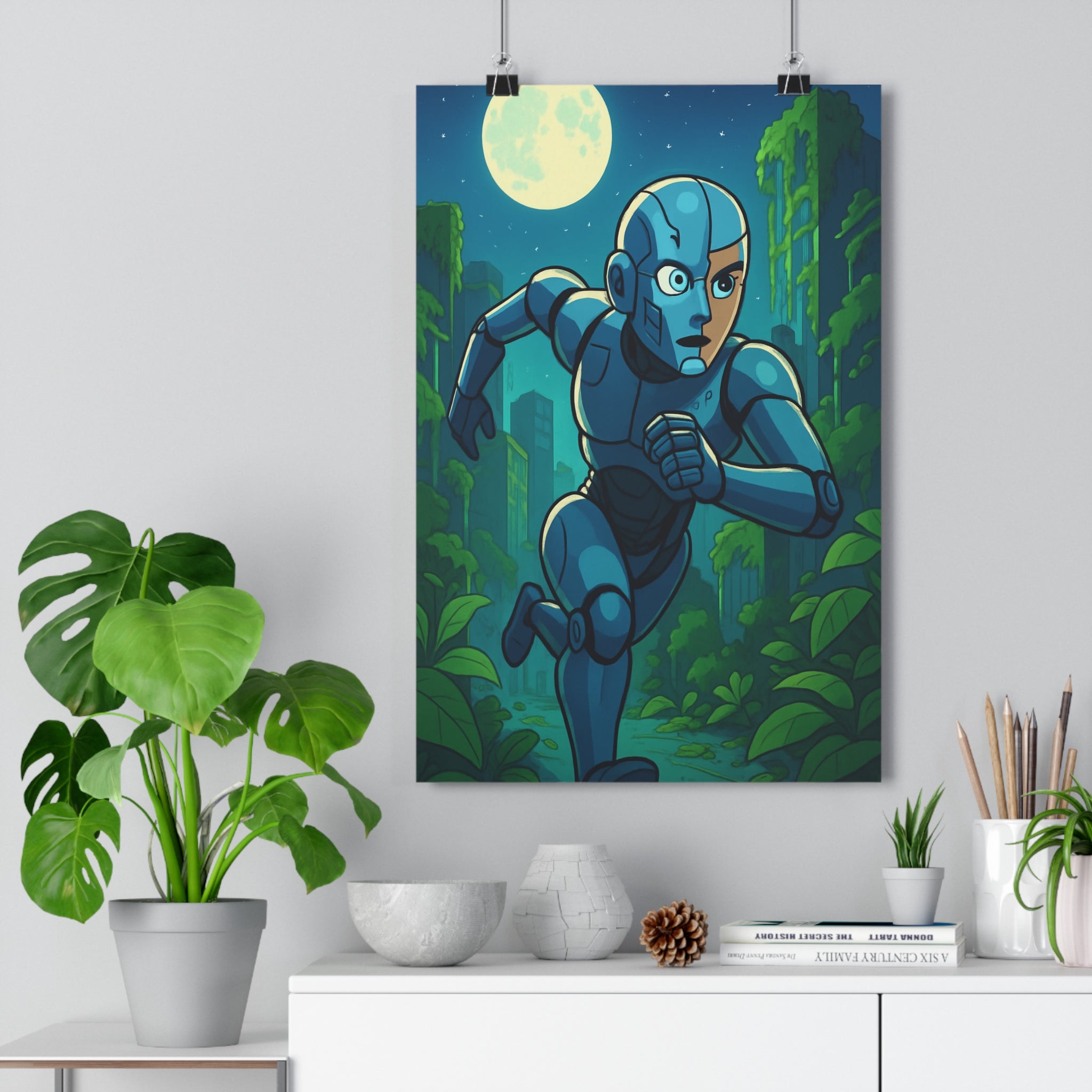 Poster décoratif futuriste bleu vert robot aventure chambre bureau moderne paysage écologique unique qualité