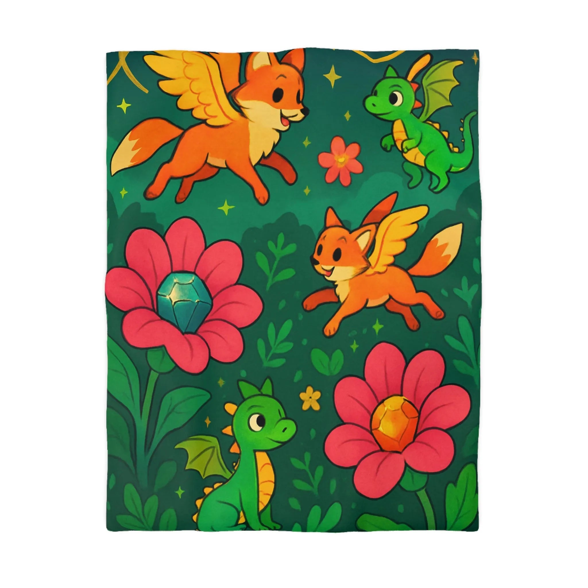 Housse de couette féerique renards ailés et dragons colorés sur fond floral