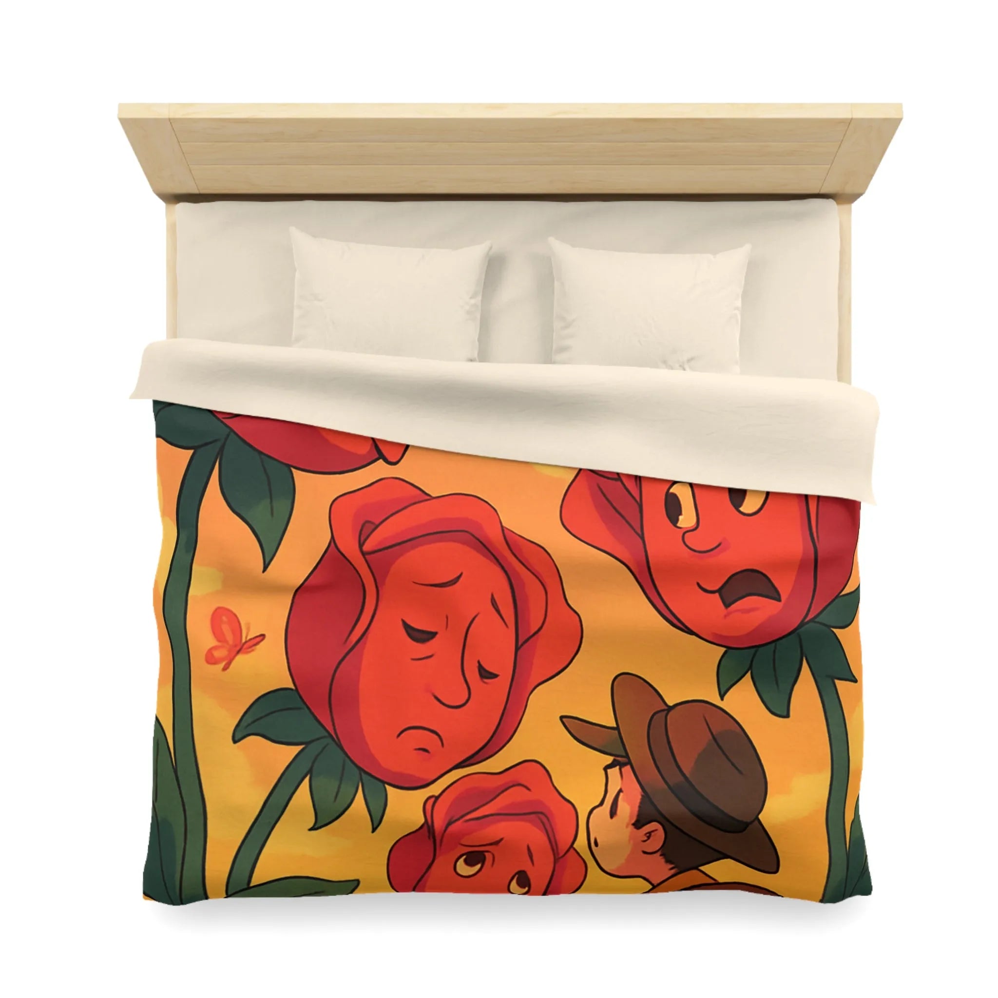 Housse de couette avec roses animées et papillons pour chambre douce et colorée